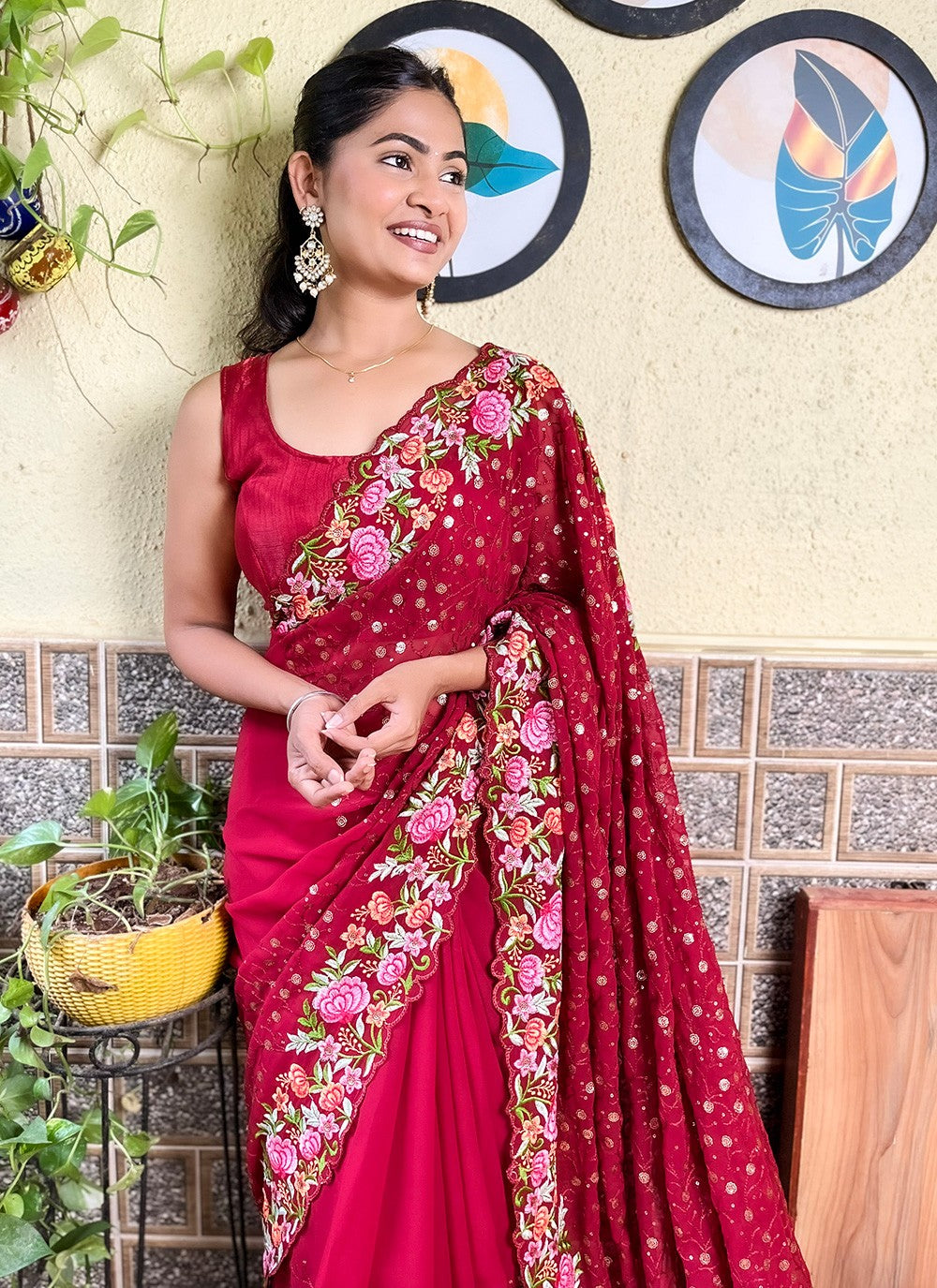 Hot Pink Georgette Traditional Saree Embroidered, Multi Work, Sequins, Thread S16108