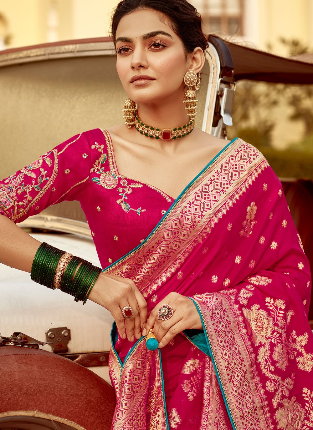 Weaving Zari Pure Dola Hot Pink Saree S14215