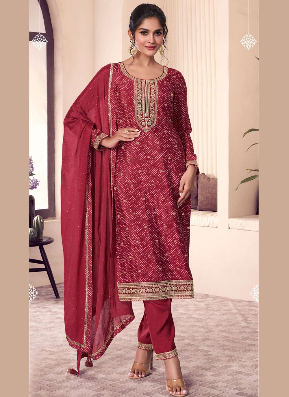 Pant Style Suit Digital Print Hot Pink Chinon T5516