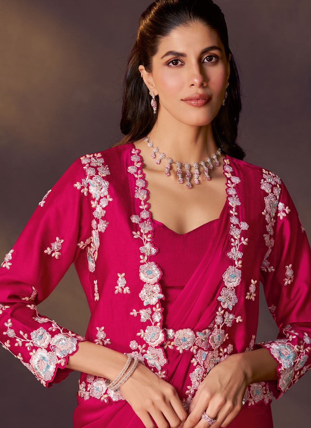 Hot Pink Satin Silk Classic Saree Embroidered, Pearls, Sequins S20478