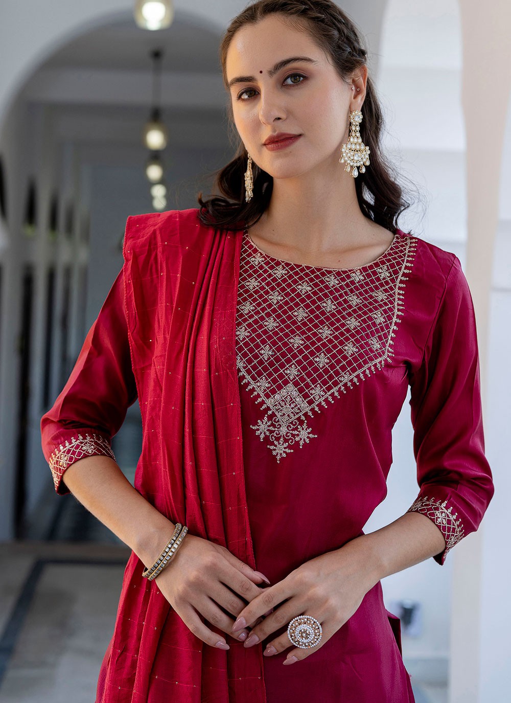 Pant Style Suit Embroidered Hot Pink T7164
