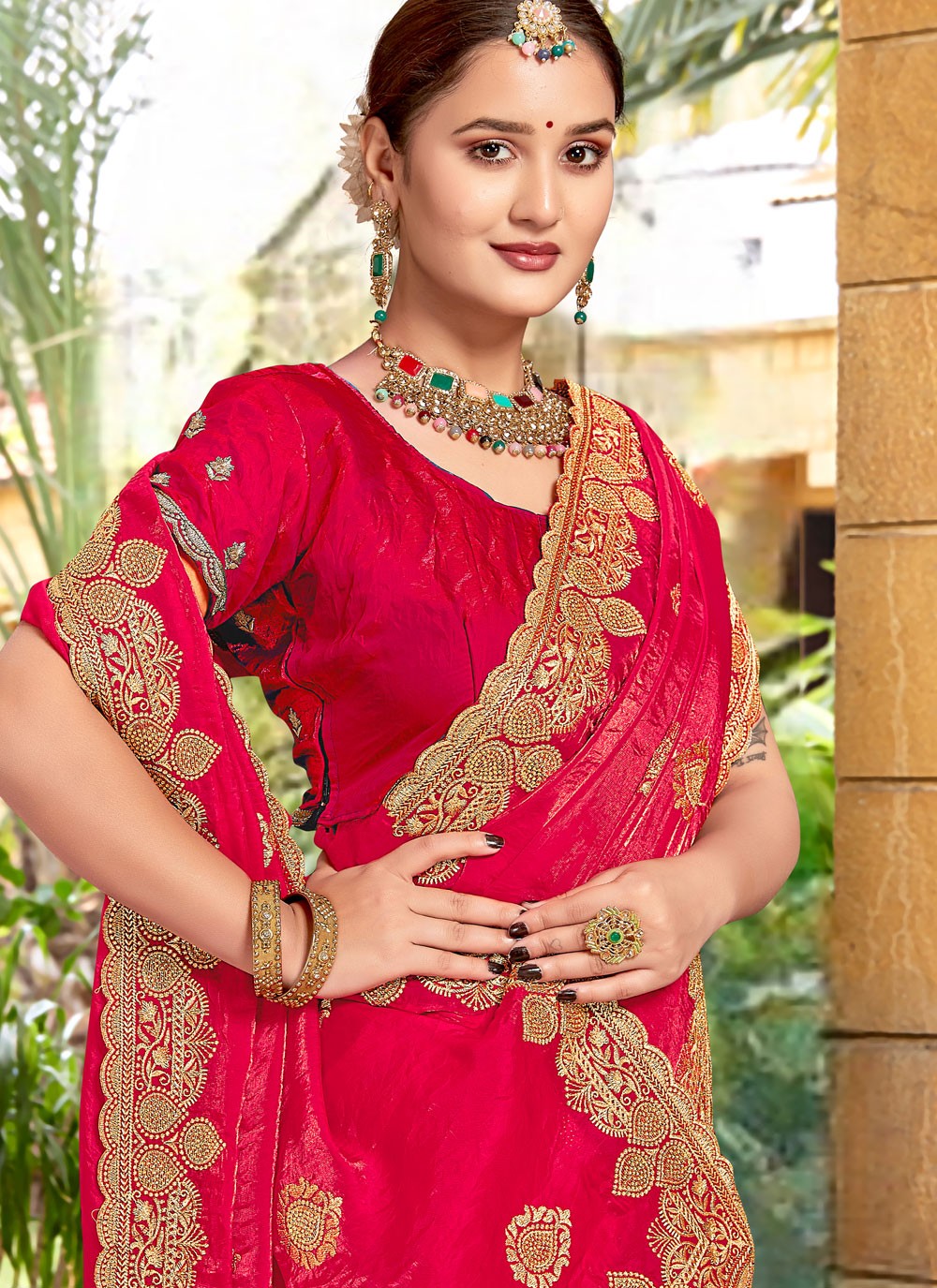 Embroidered Silk Hot Pink Saree S14673