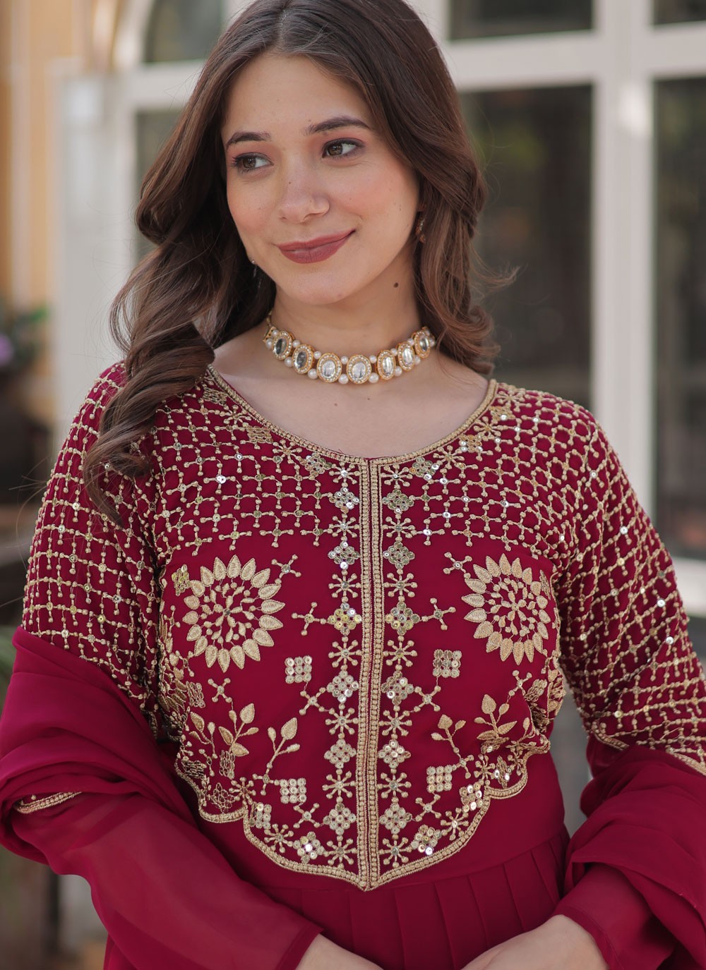 Embroidered Faux Georgette Hot Pink Gown G19817