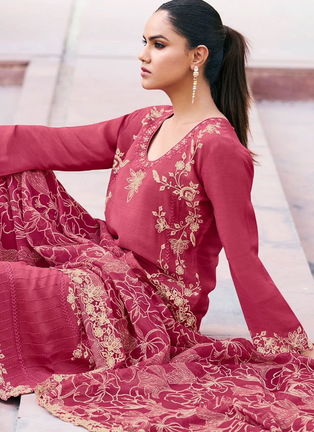 Palazzo Suit Embroidered Hot Pink T7670