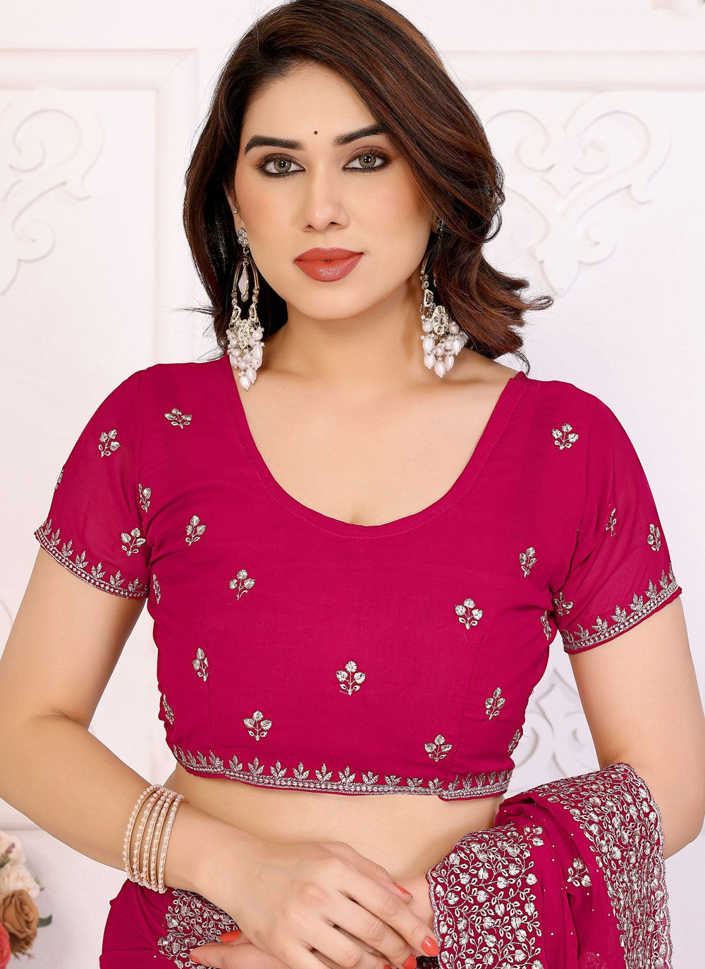 Embroidered Georgette Hot Pink Designer Saree S14991