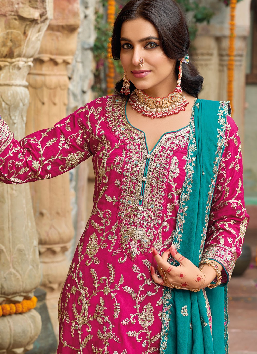 Salwar Suit Embroidered Hot Pink Chinon T5395