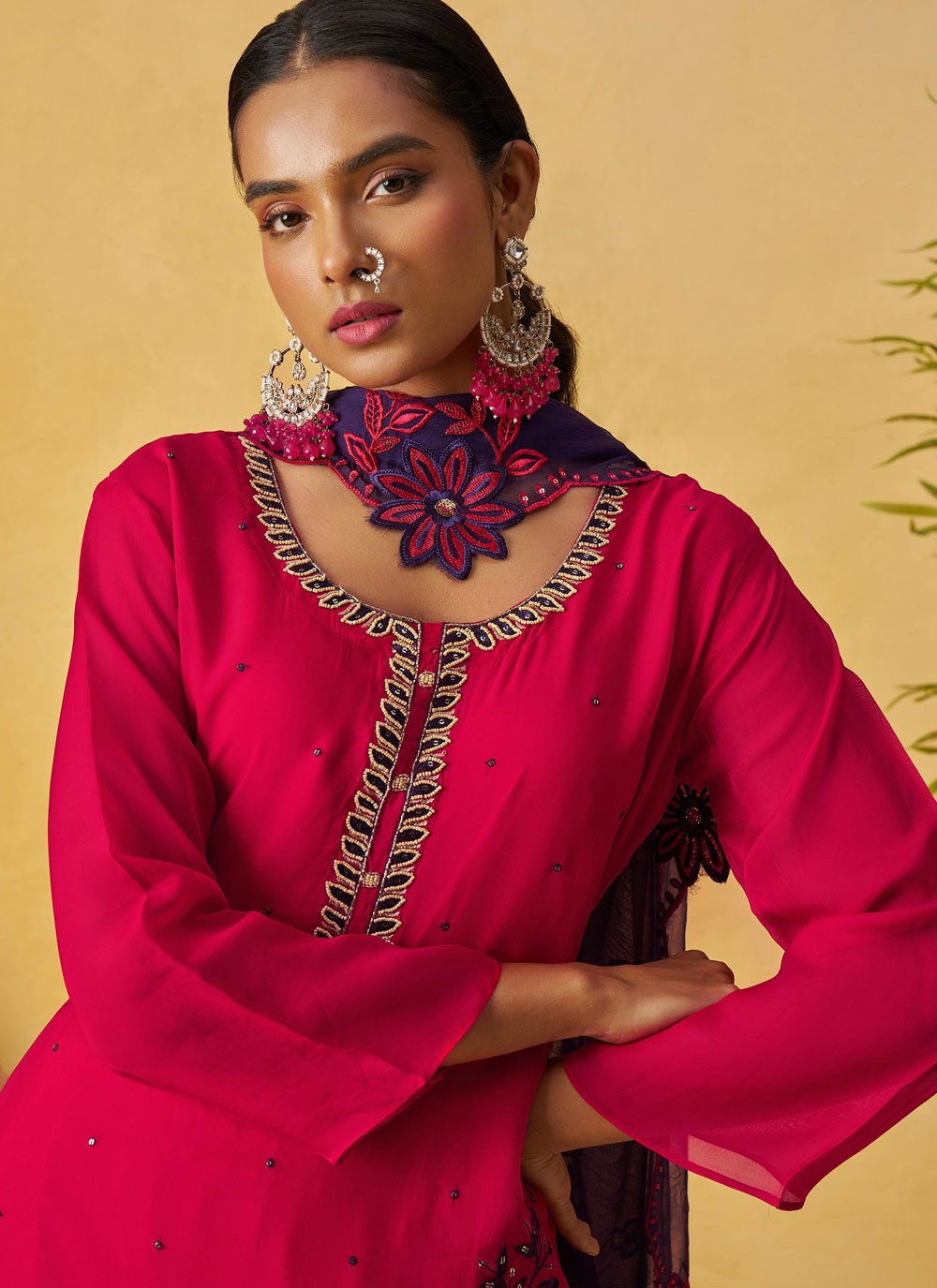 Palazzo Suit Embroidered Hot Pink T8892