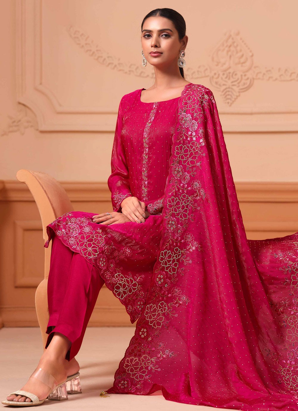 Pant Style Suit Embroidered, Stones Hot Pink T6862