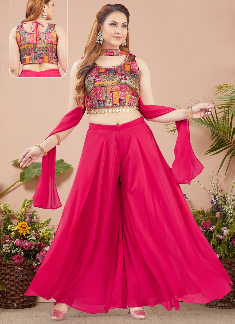 Palazzo Suit Fancy Work, Mirror, Printed, Thread Hot Pink T6705