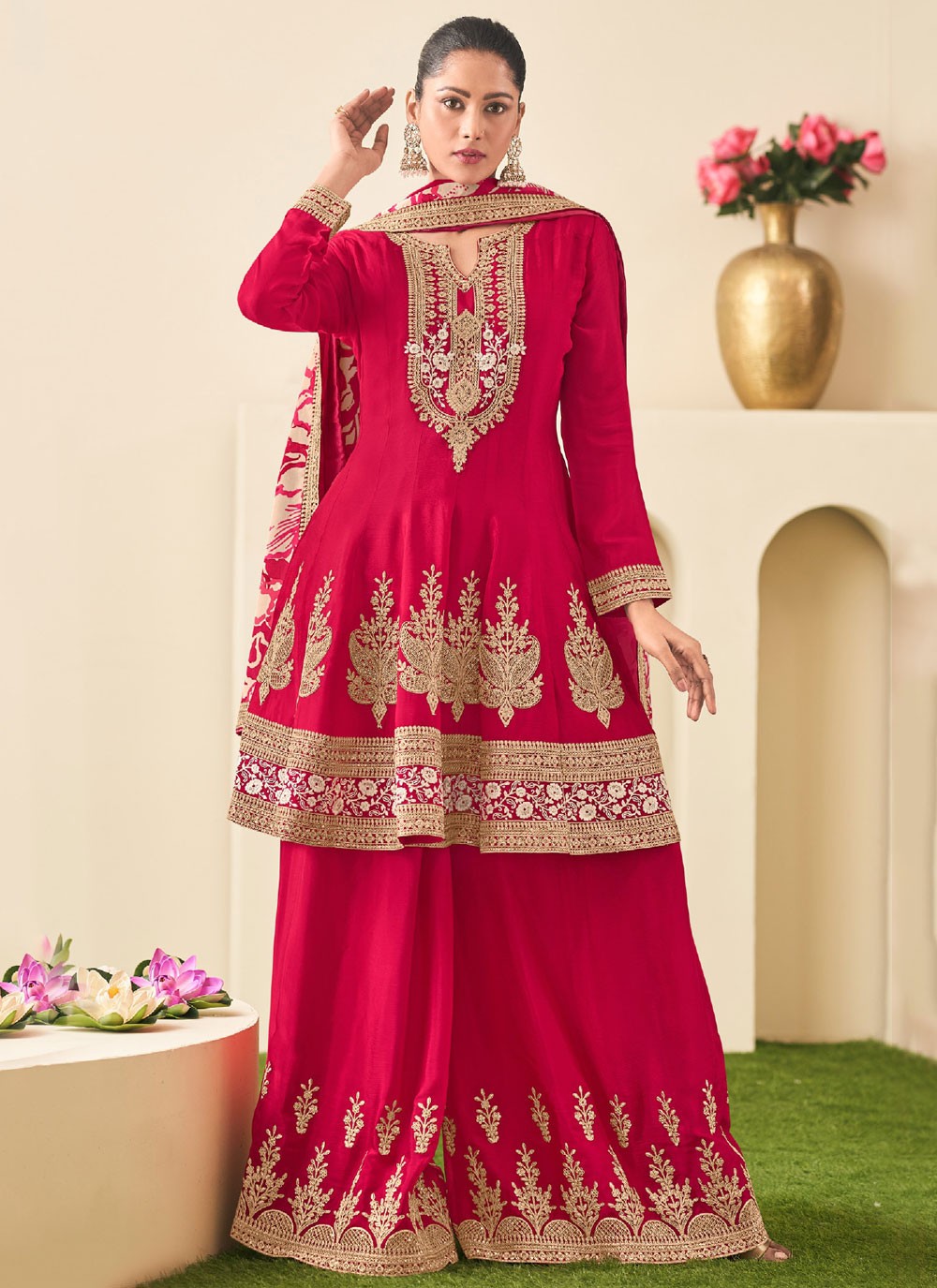 Salwar Suit Embroidered Hot Pink Chinon T5437
