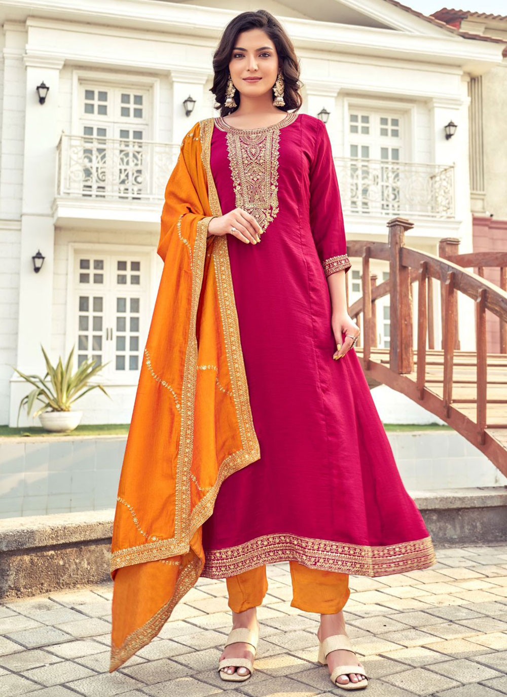 Salwar Suit Embroidered Hot Pink Vichitra Silk T5620