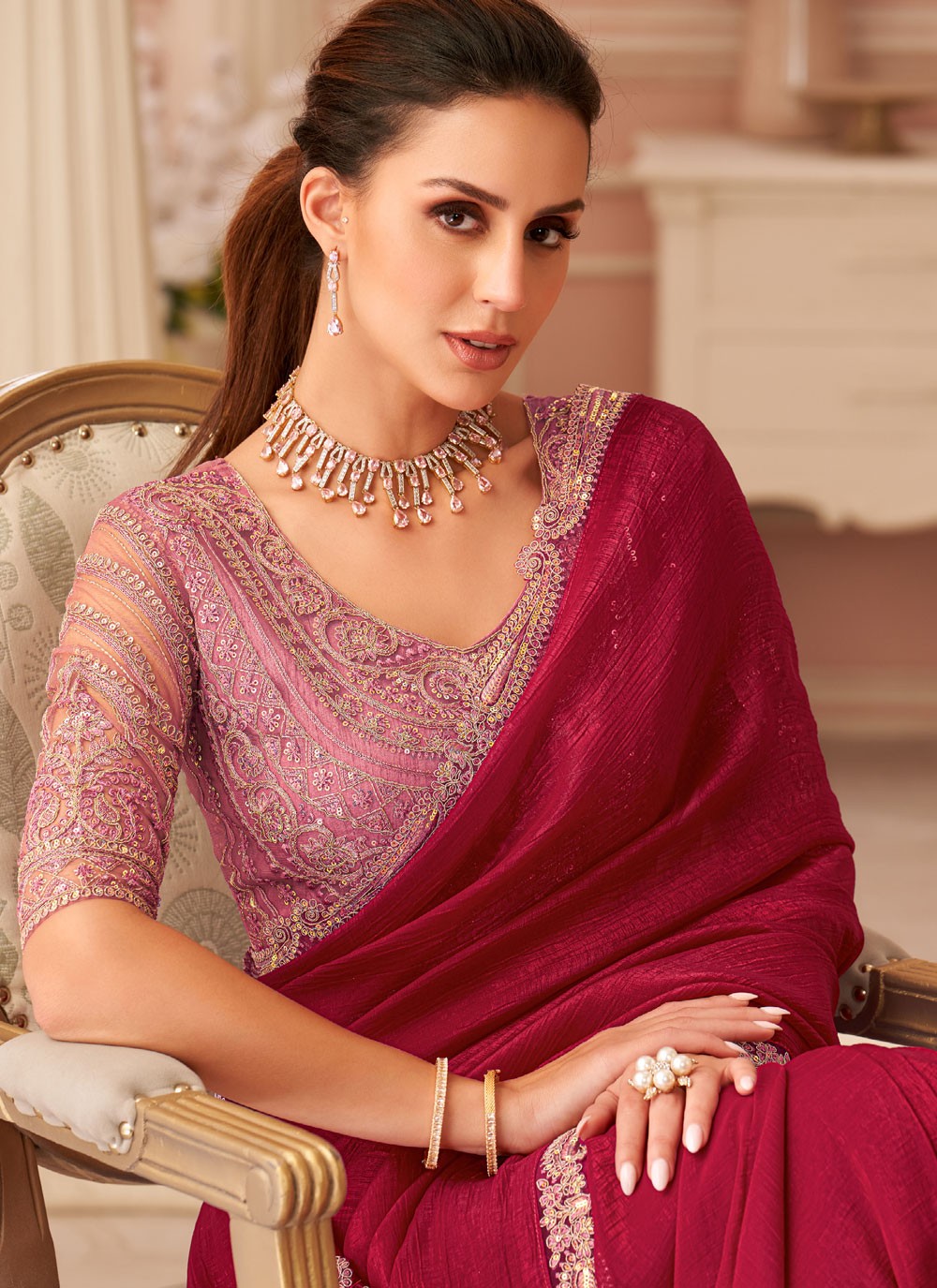 Classic Saree Border Work Hot Pink Georgette Saree S13637