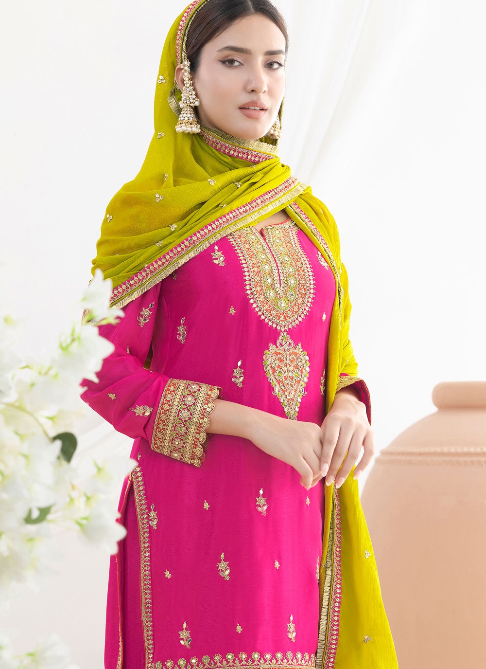 Salwar Suit Embroidered, Mirror, Sequins, Zari Hot Pink T8137