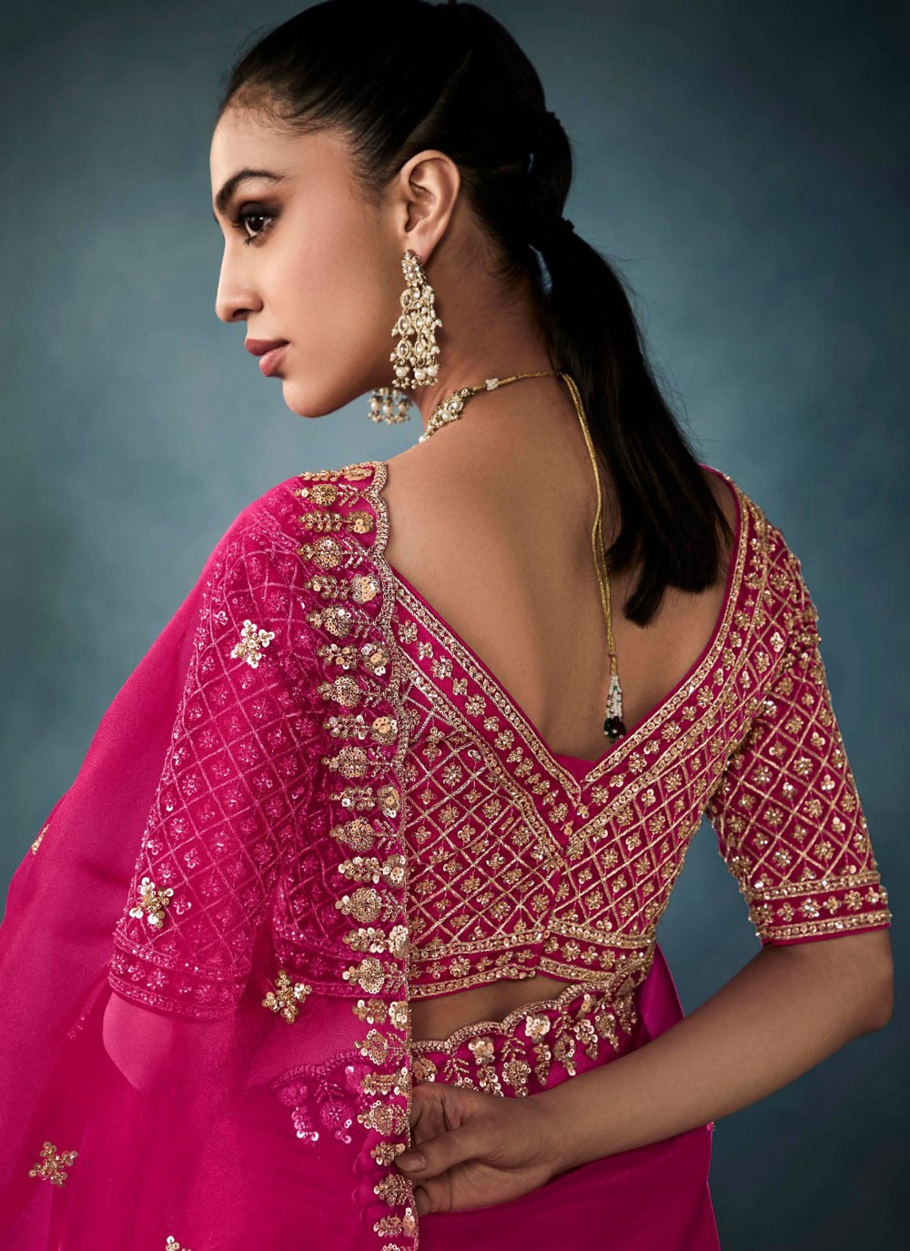 Cut Work Tissue Hot Pink Classic Saree S14866