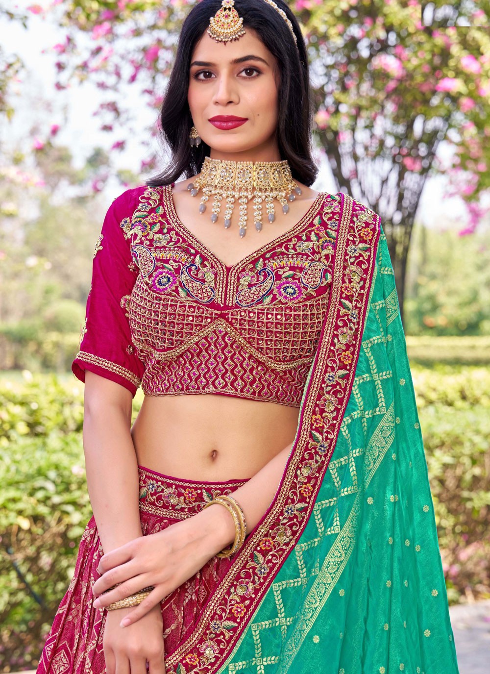 Embroidered Banarasi Silk Hot Pink Lehenga Choli L3710