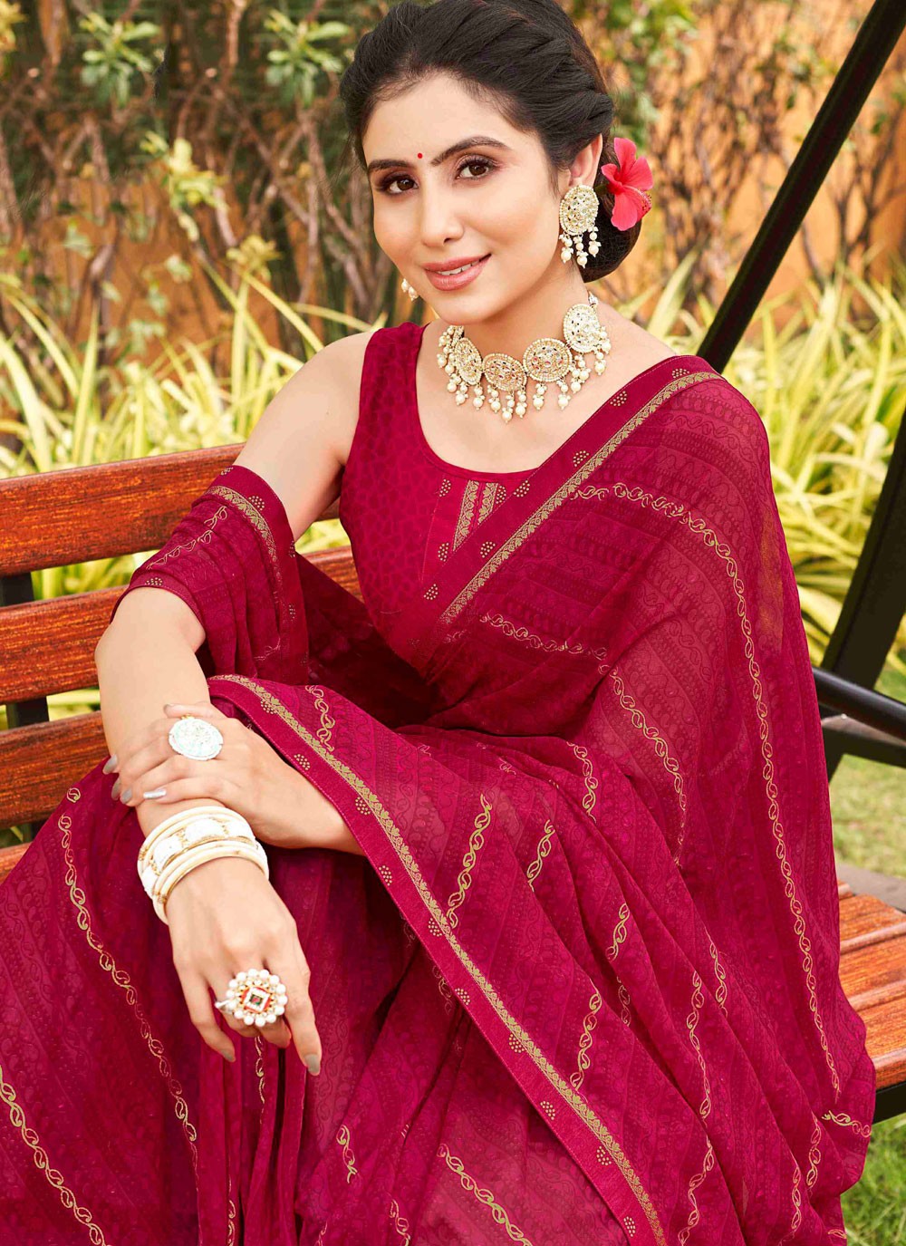 Trendy Saree Printed Hot Pink Georgette Saree S12451