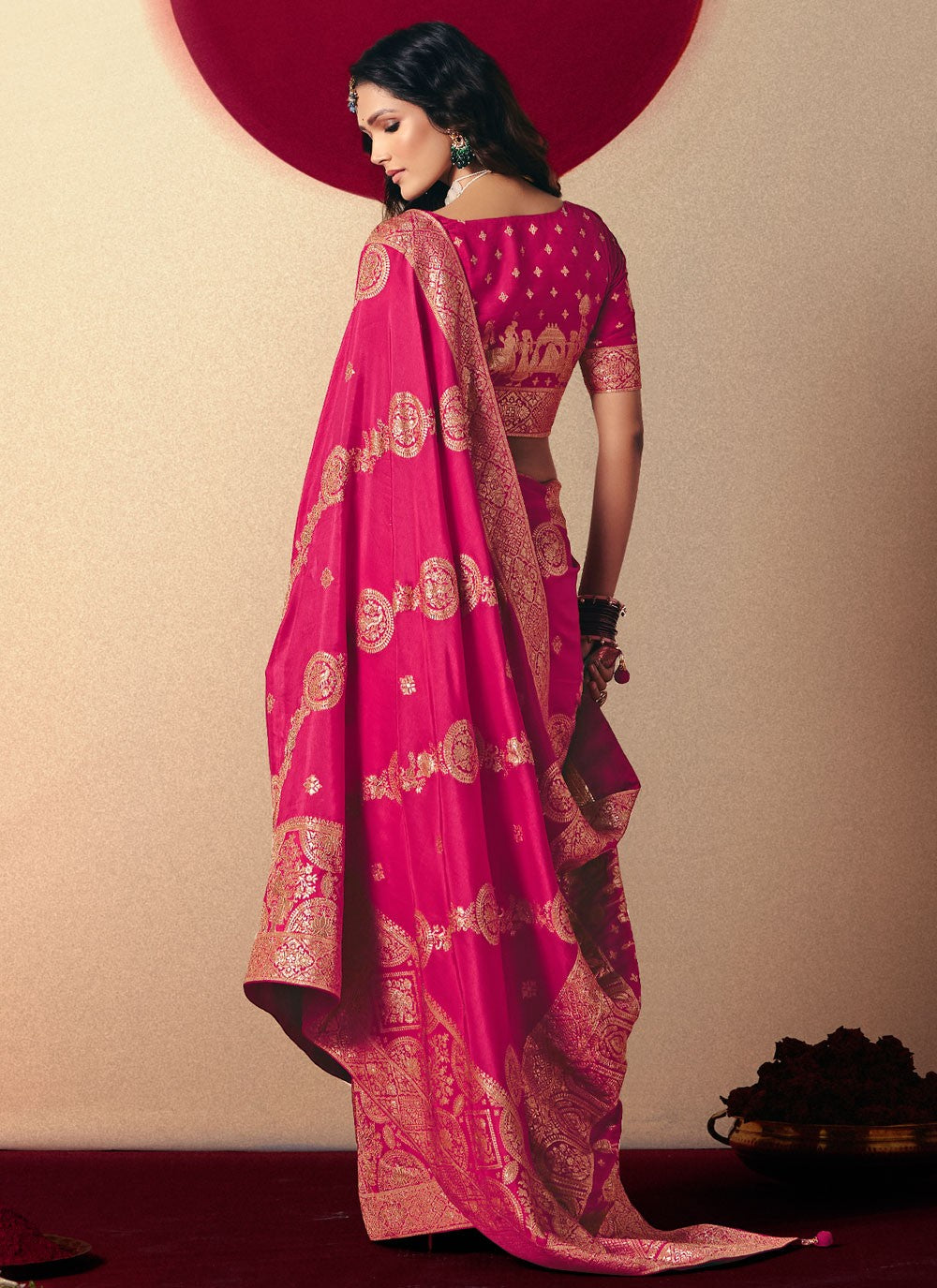 Hot Pink Viscose Contemporary Saree Weaving Zari S19414