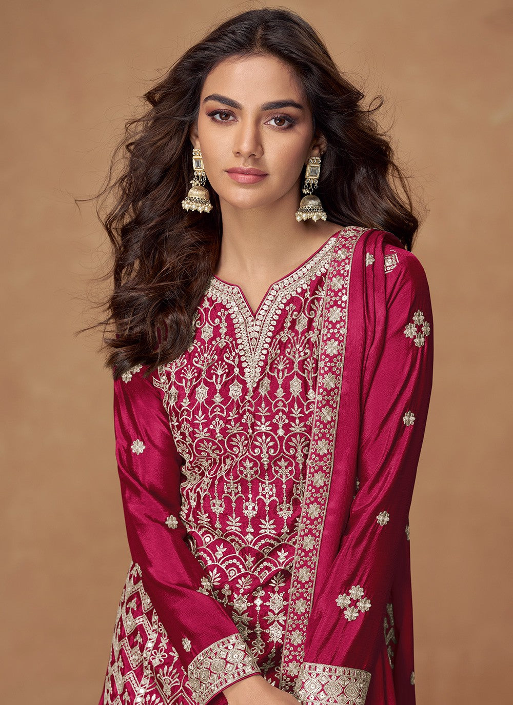 Sharara Suit Embroidered, Zari Hot Pink T8060