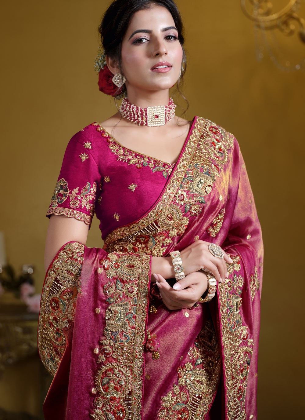 Classic Saree Embroidered Hot Pink Organza Saree S12631