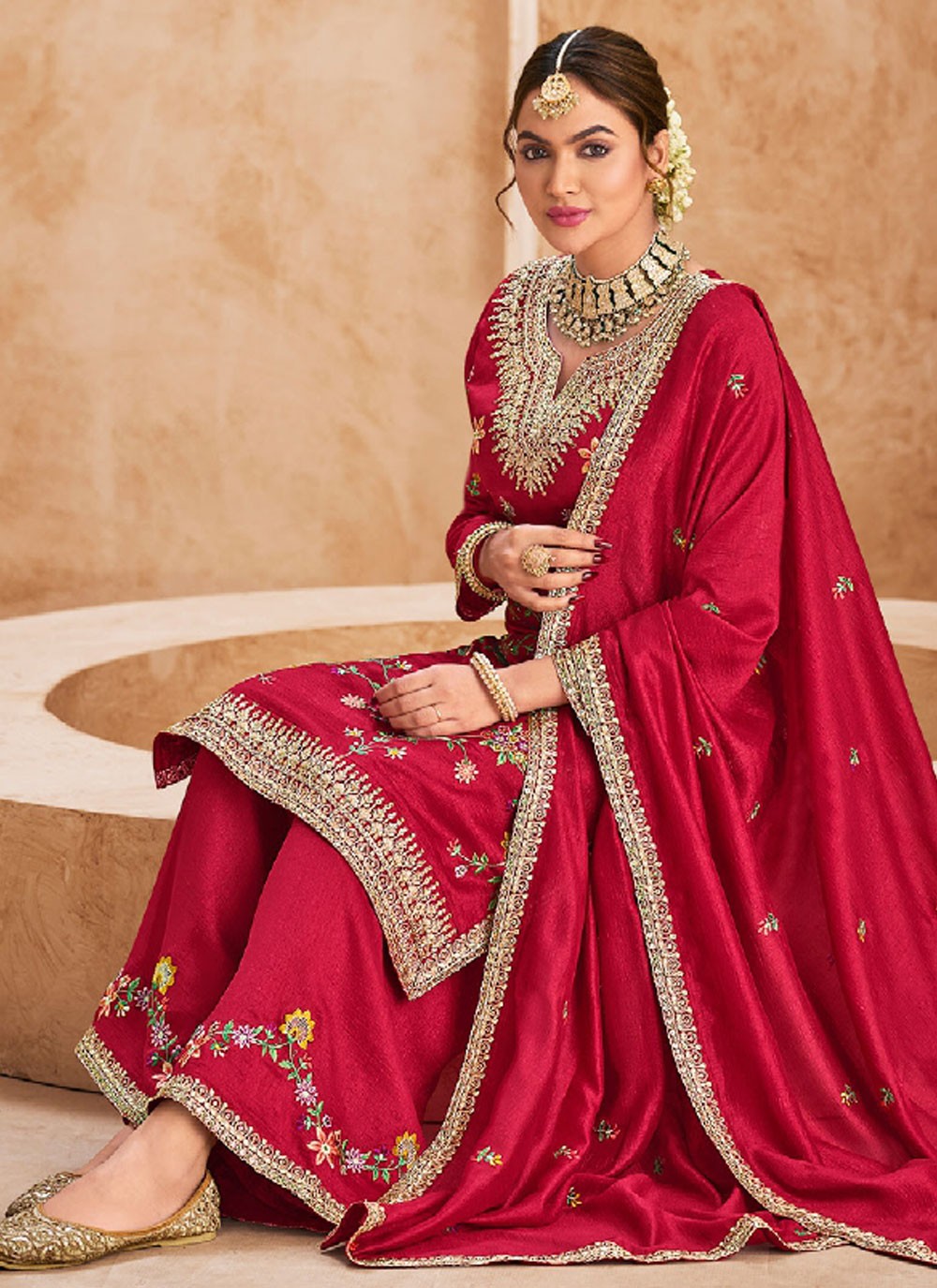 Salwar Suit Embroidered Hot Pink Chinon T5493