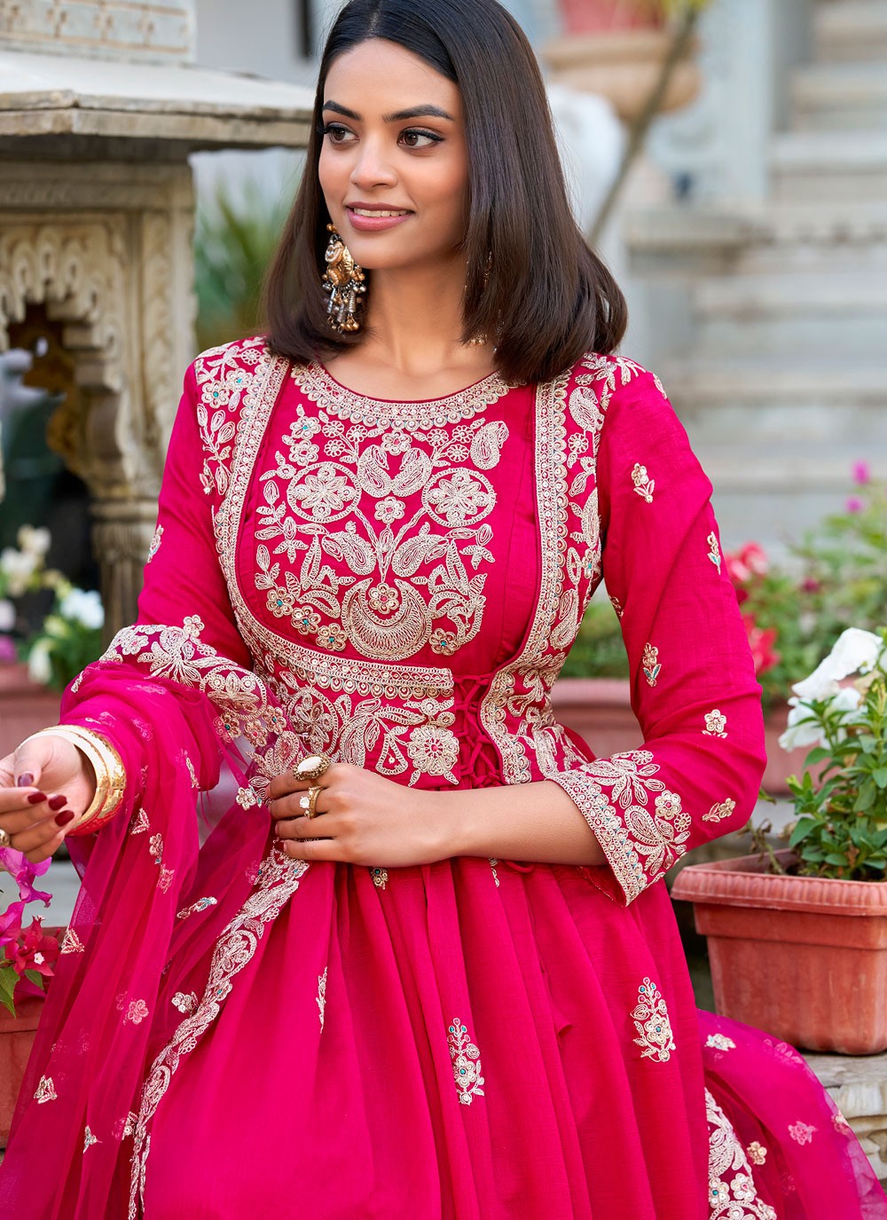 Embroidered Vichitra Silk Hot Pink Gown G19844