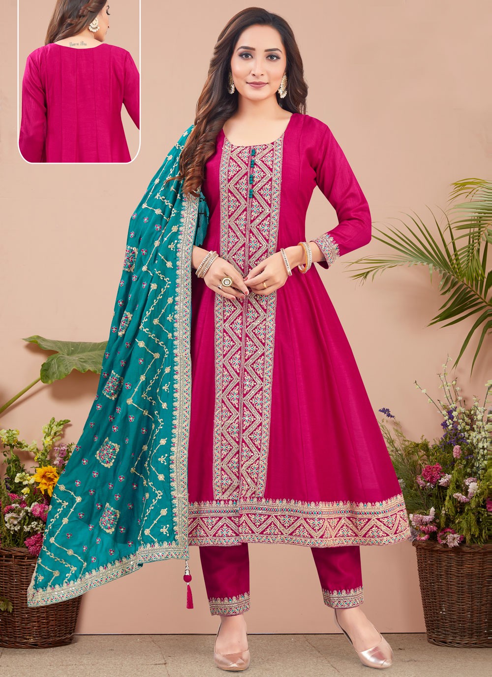 Anarkali Embroidered, Zari Hot Pink T6656