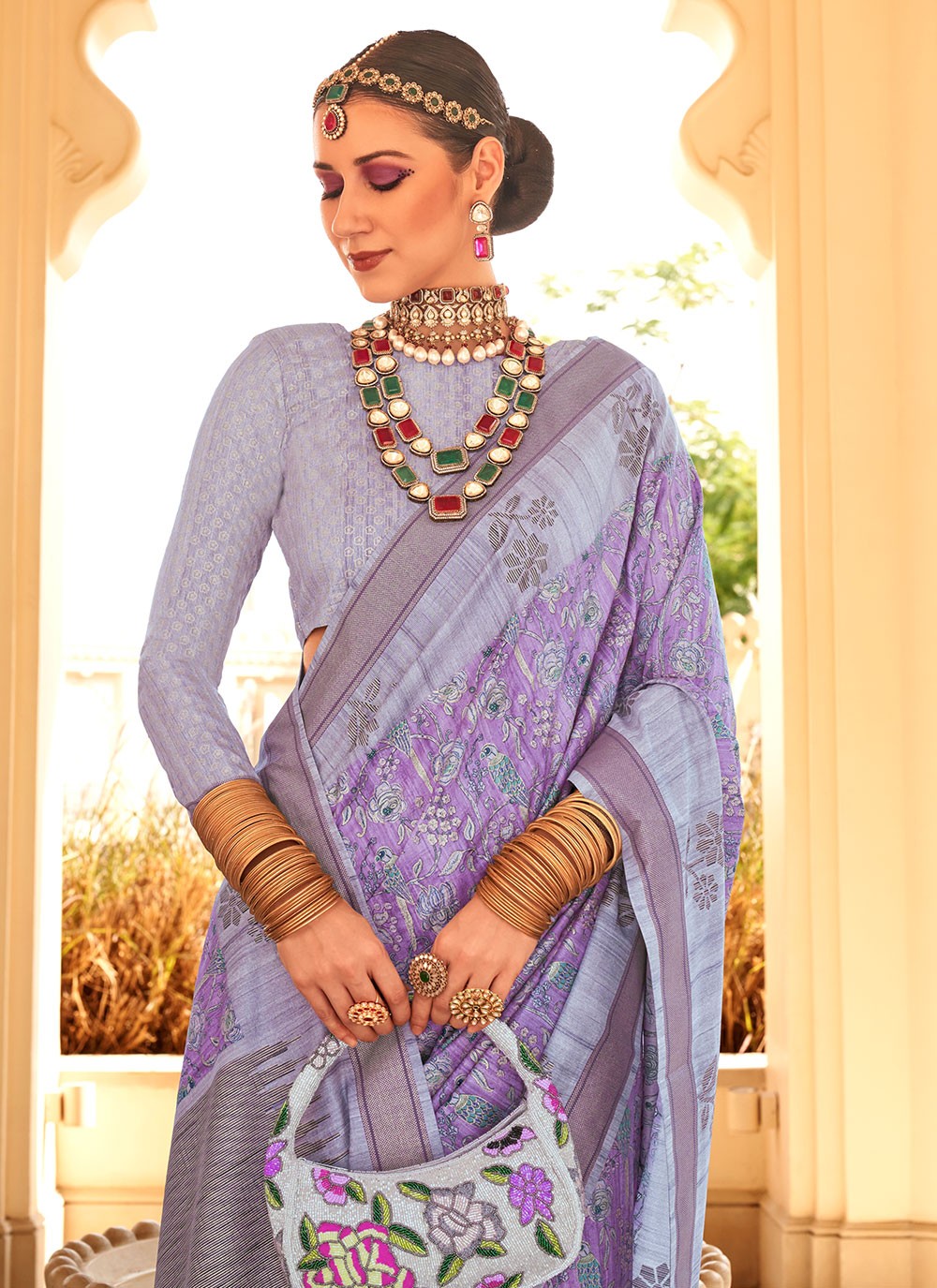 Classic Foliage Prints Raw Silk Saree - S7204