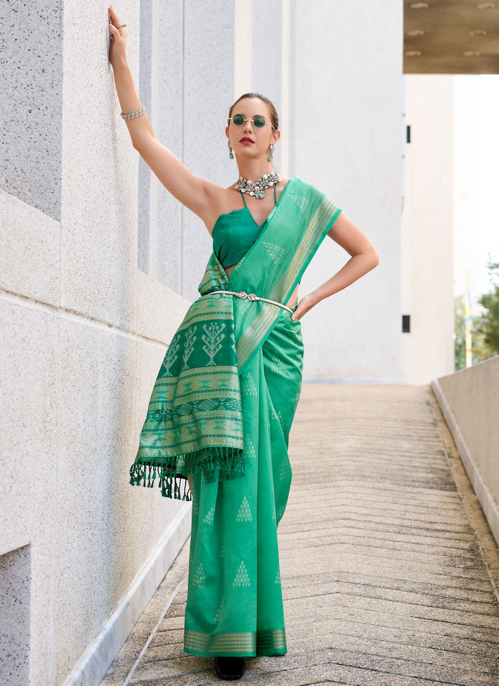 Designer Weaving Zari Green, Turquoise Rayon Saree S12622