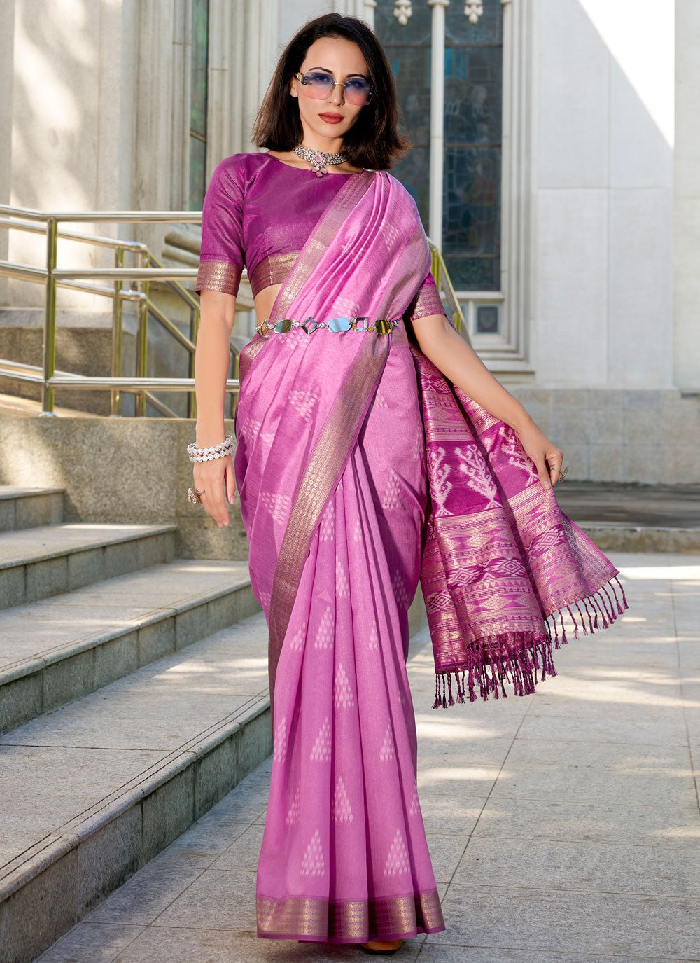 Contemporary Weaving Zari Magenta Rayon Saree S12621