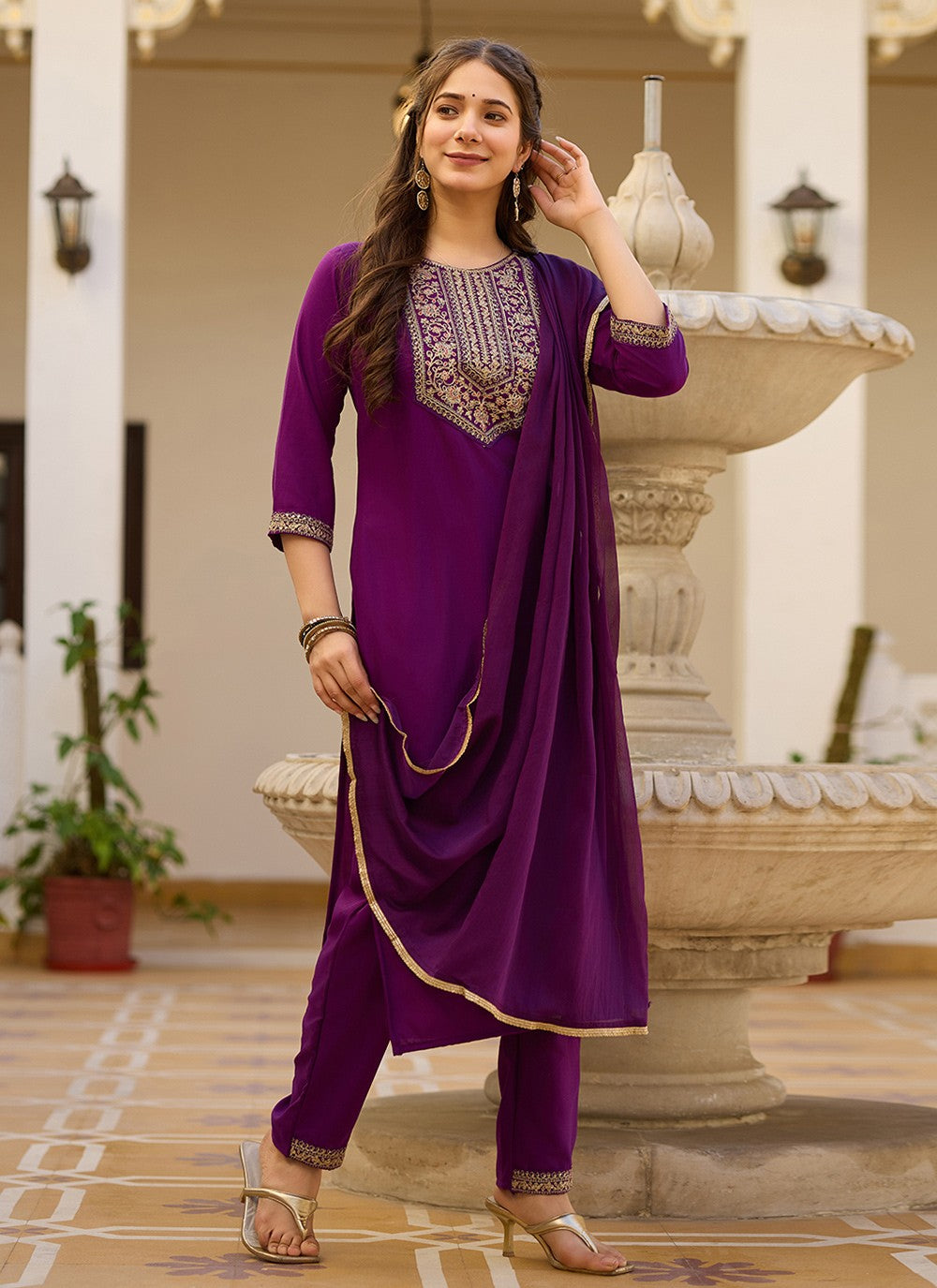 Pant Style Suit Embroidered Purple T6995