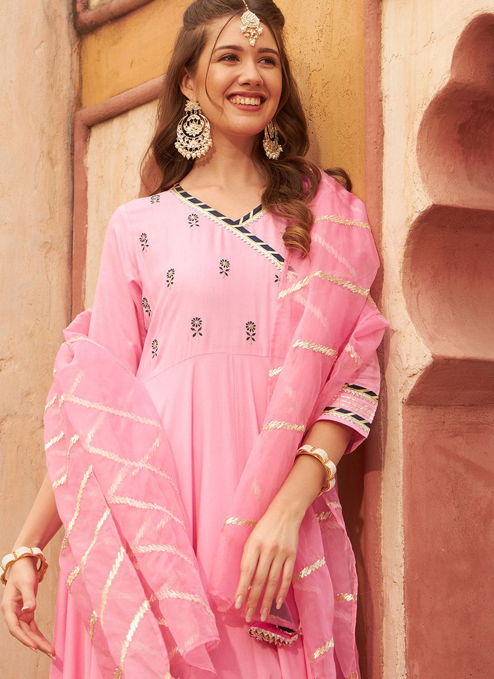 Embroidered Rayon Pink Anarkali T6596