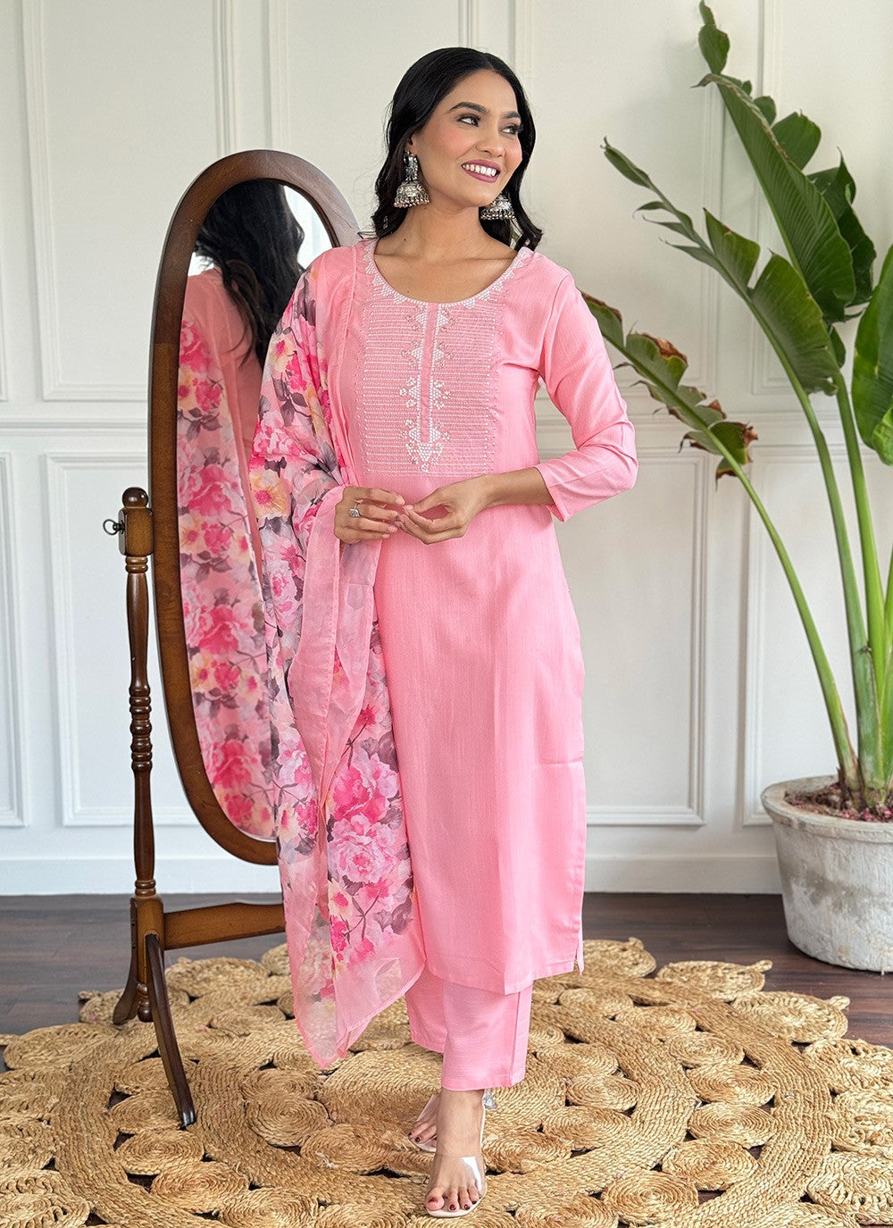 Salwar Suit Embroidered Pink Rayon T5020