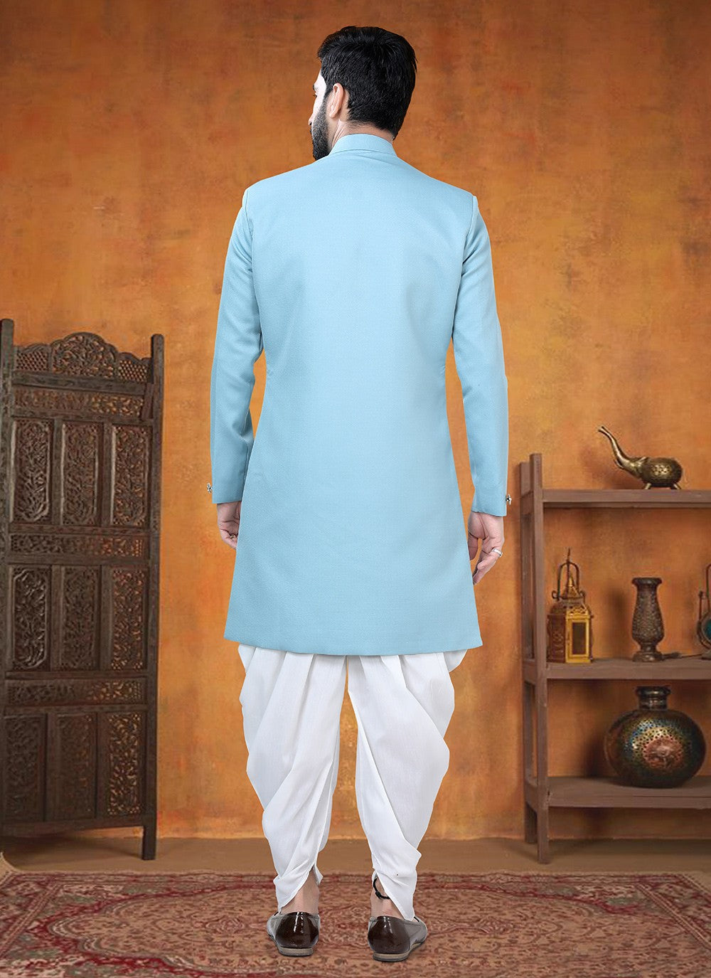 Buttons Rayon Aqua Blue Sherwani - M8769