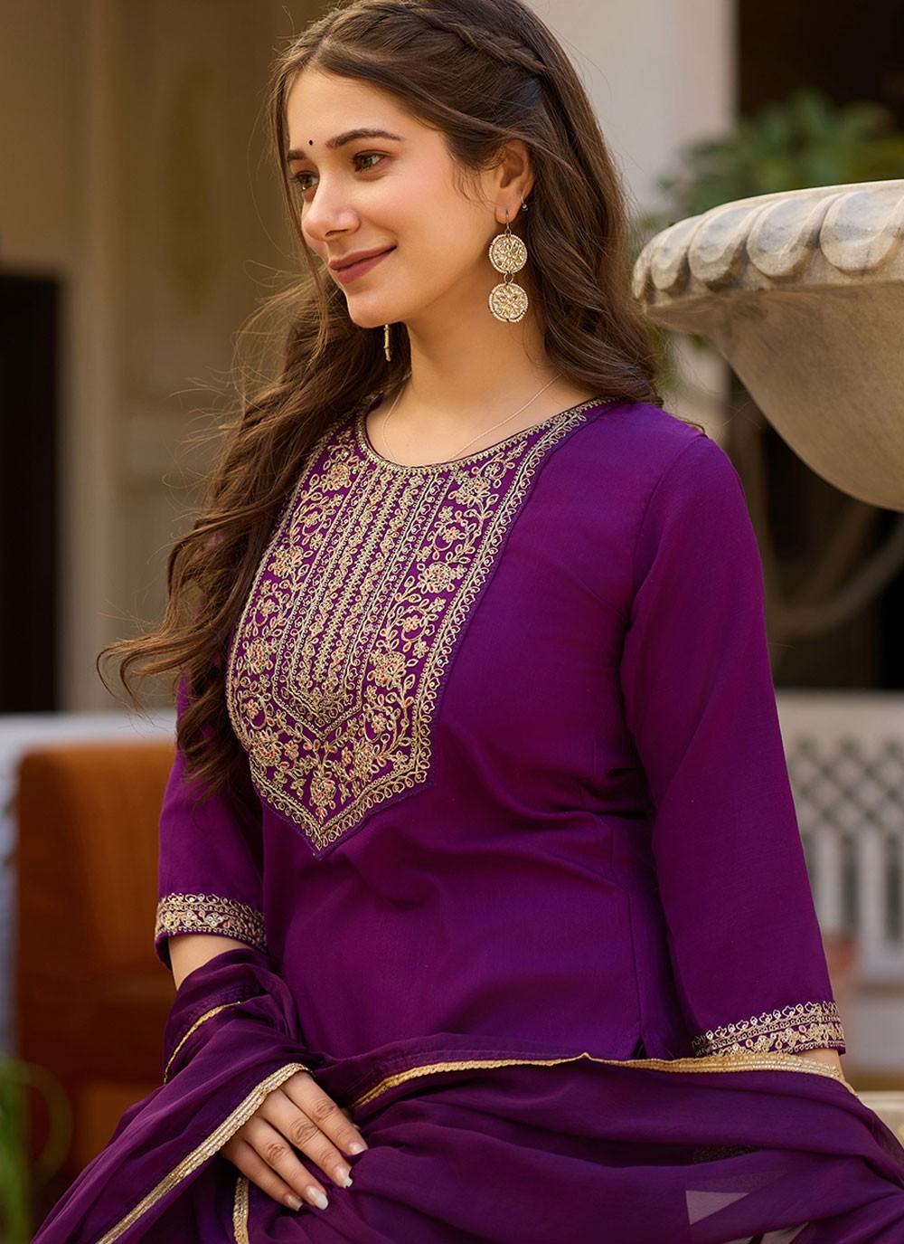 Embroidered Rayon Purple Pant Style Suit T6397