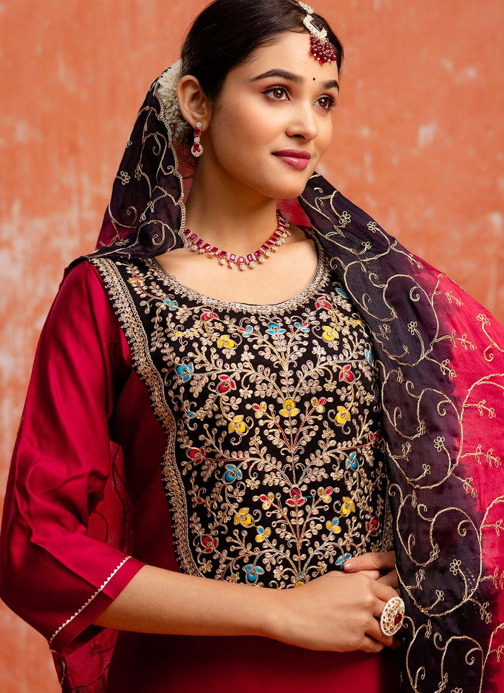 Pant Style Suit Embroidered, Zari Hot Pink T7594