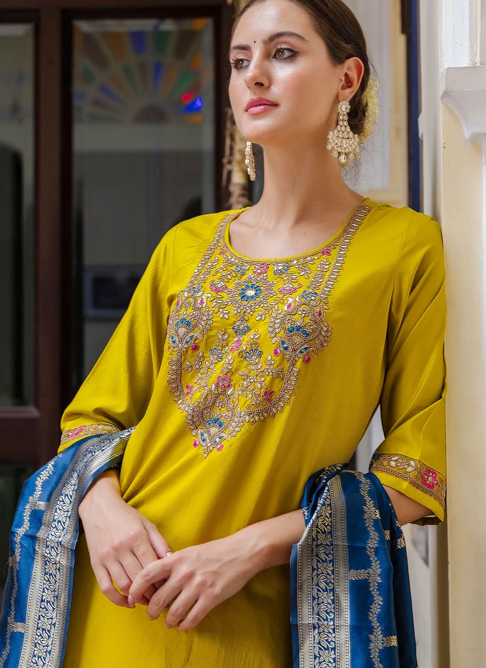 Pant Style Suit Embroidered, Zari Yellow T6858