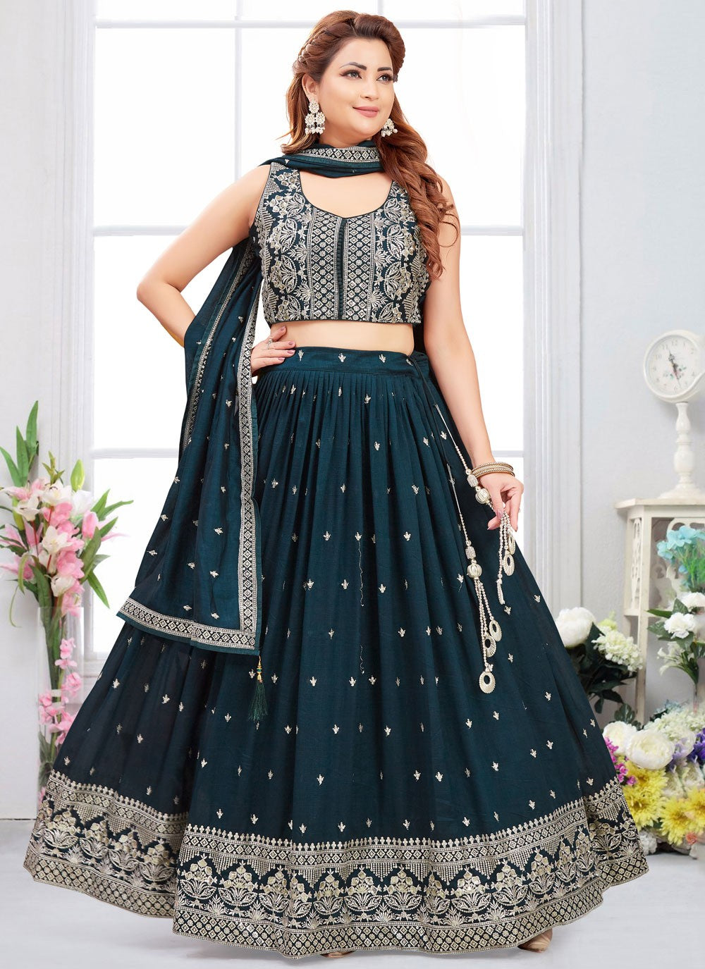 Embroidered Silk Morpeach Lehenga Choli L3477