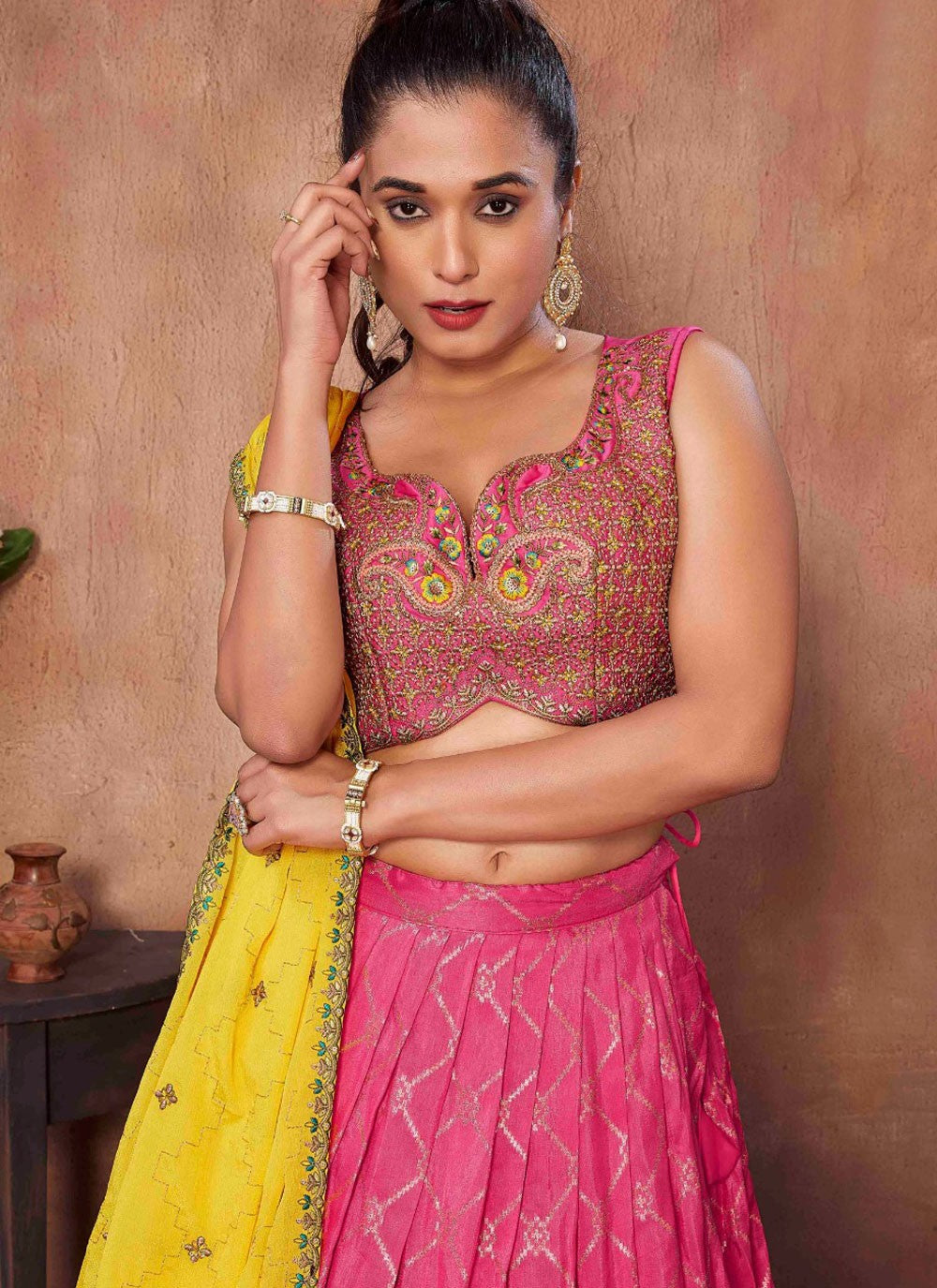 Embroidered Jacquard Silk, Viscose Pink Lehenga - L3261