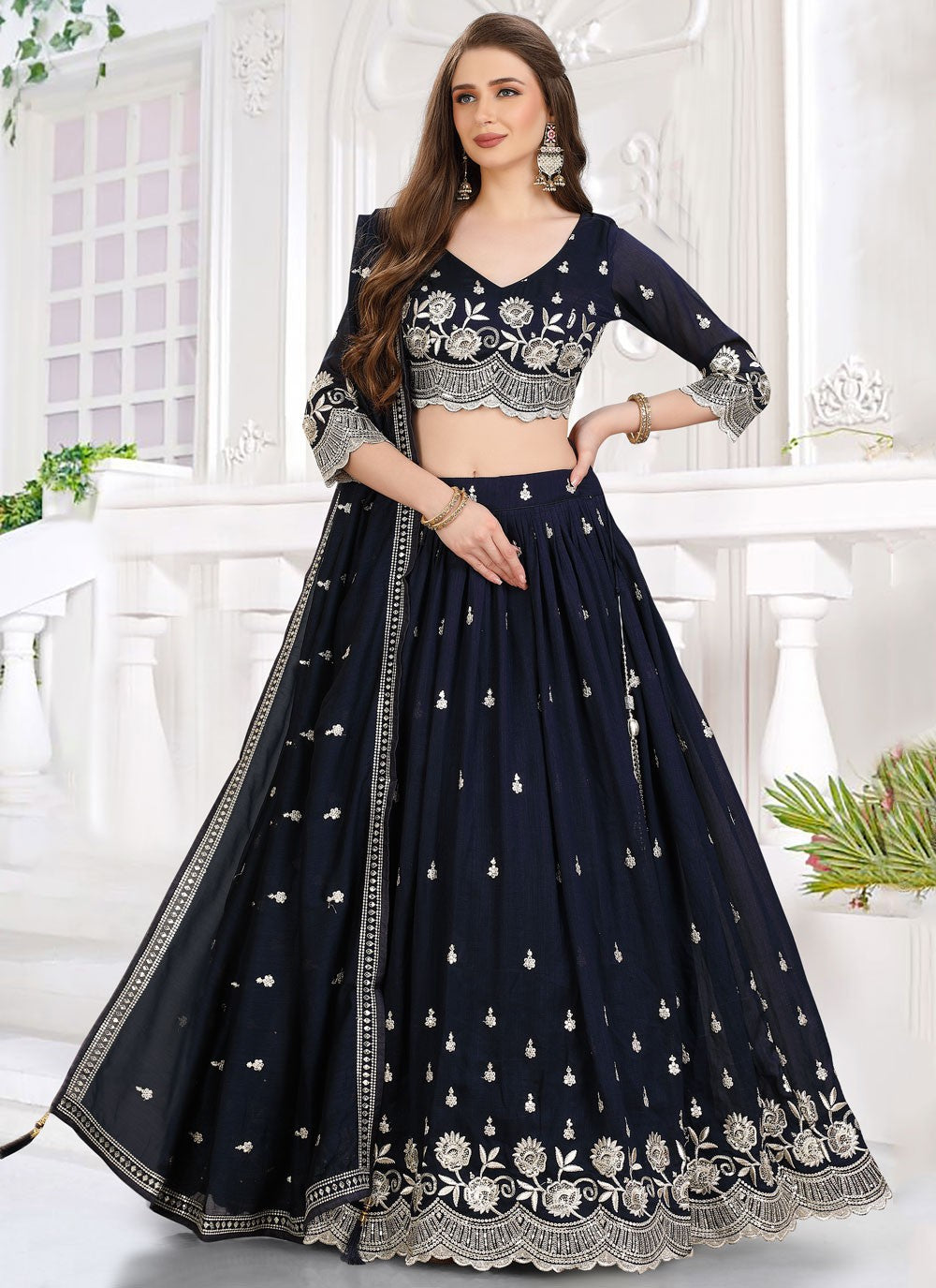Embroidered Silk Navy Blue Lehenga Choli L3472