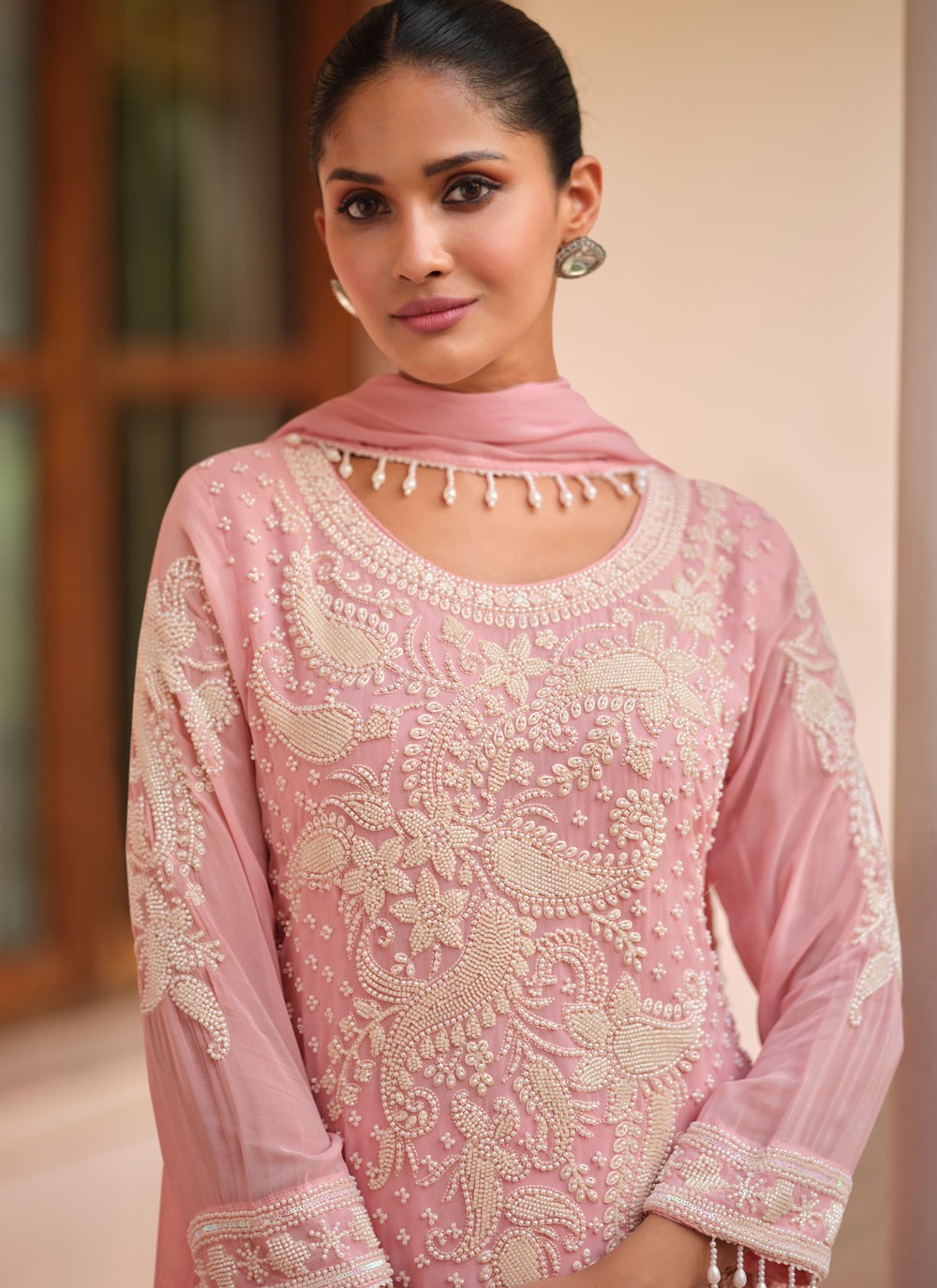 Pant Style Suit Embroidered Pink T8928