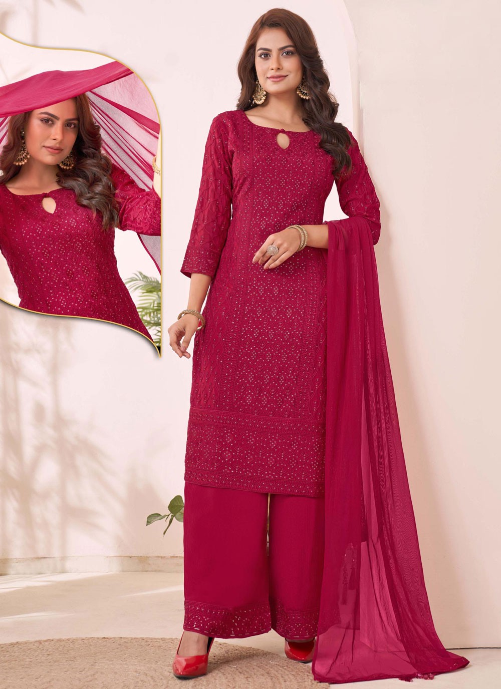 Palazzo Suit Embroidered, Thread Hot Pink T7776