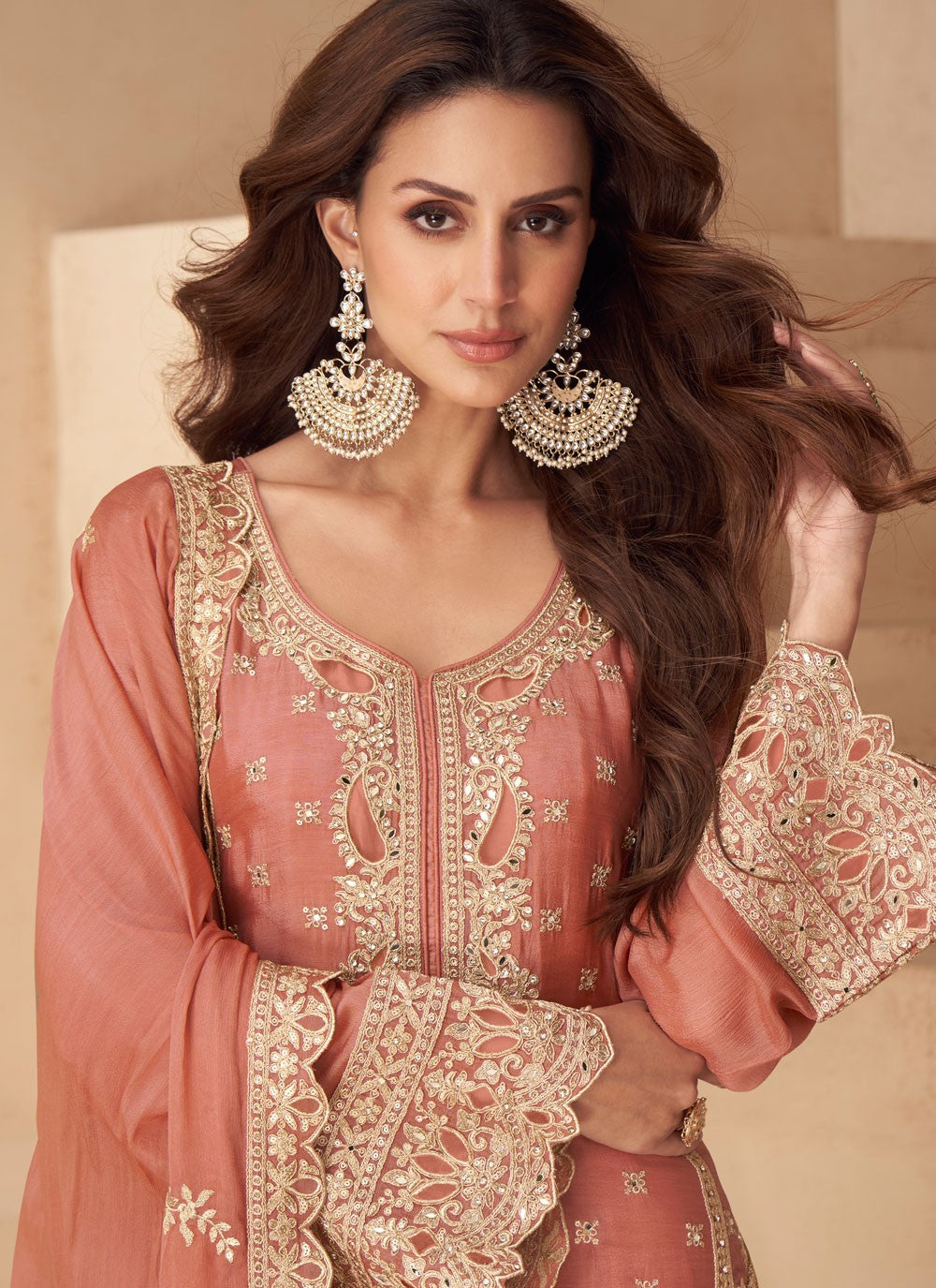 Palazzo Suit Embroidered, Mirror, Zari Peach T8277