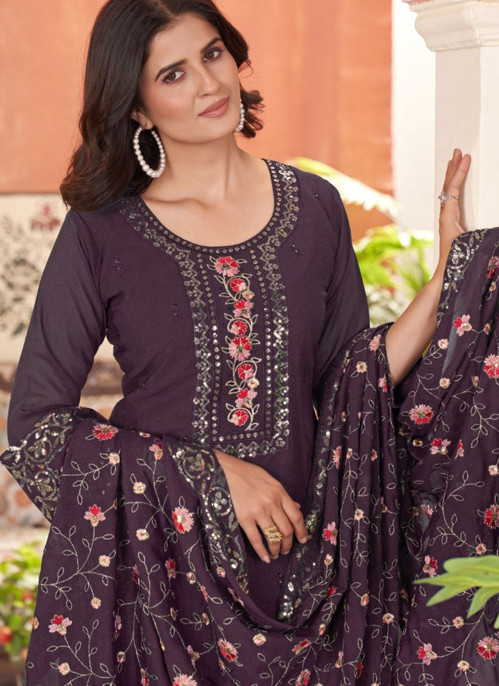 Salwar Suit Embroidered Wine Georgette T5362