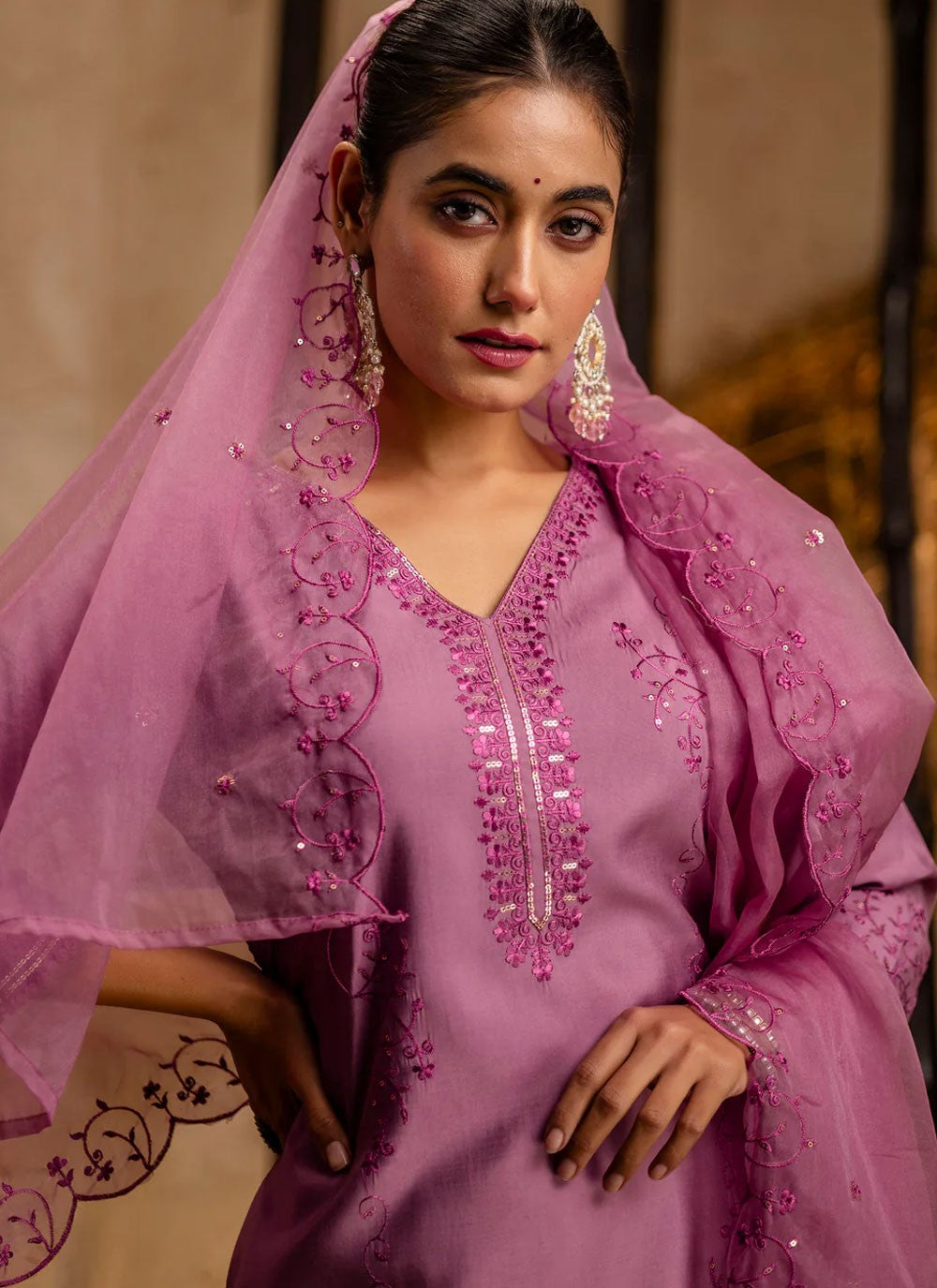 Embroidered Silk Lavender Pant Style Suit T6357