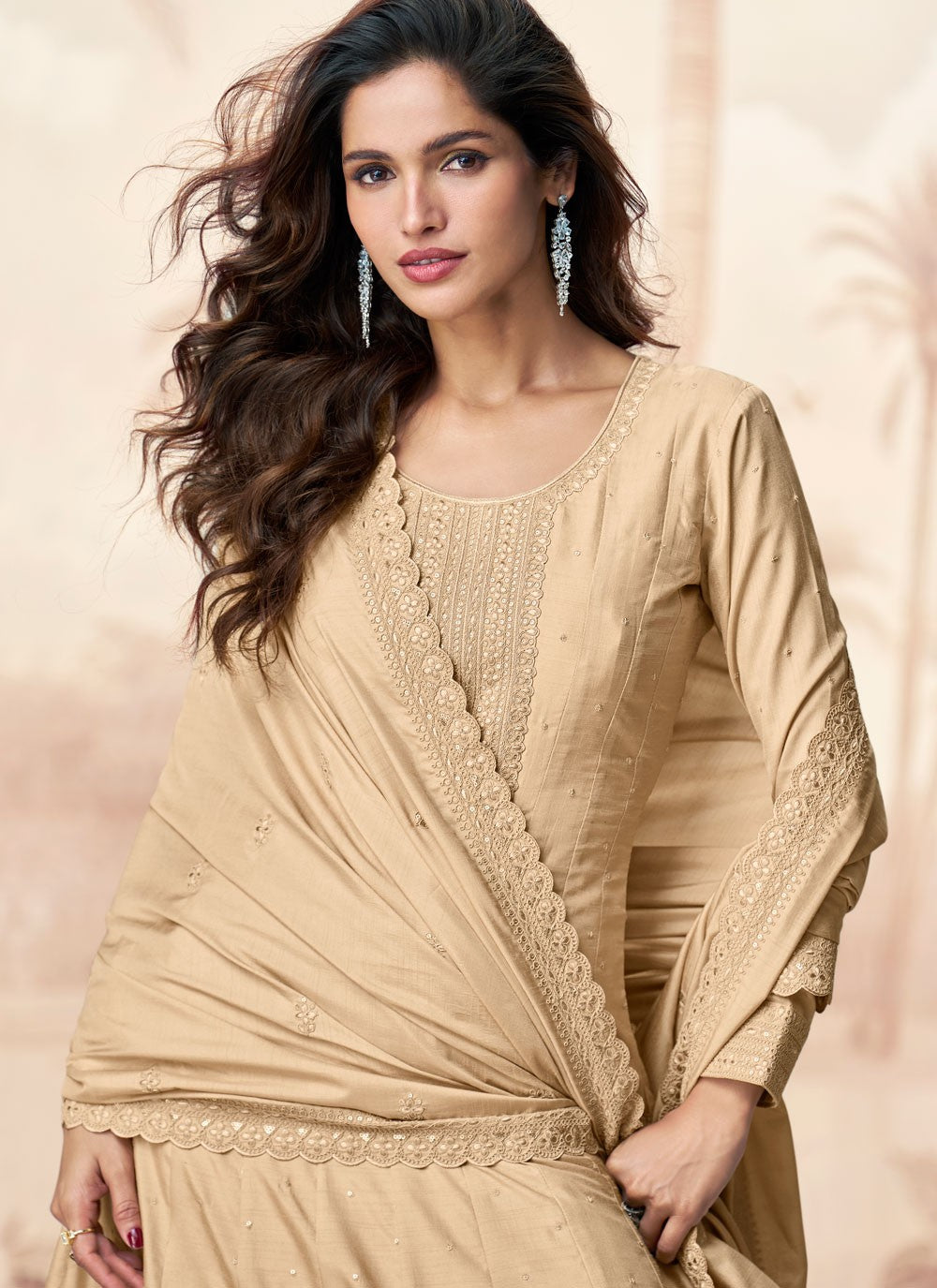 Embroidered Silk Beige Gown G19822
