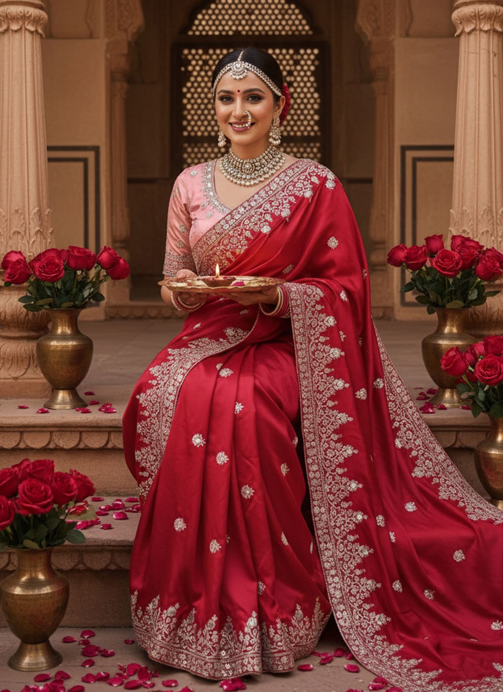 Red Georgette Trendy Saree Aari Work, Embroidered S20042