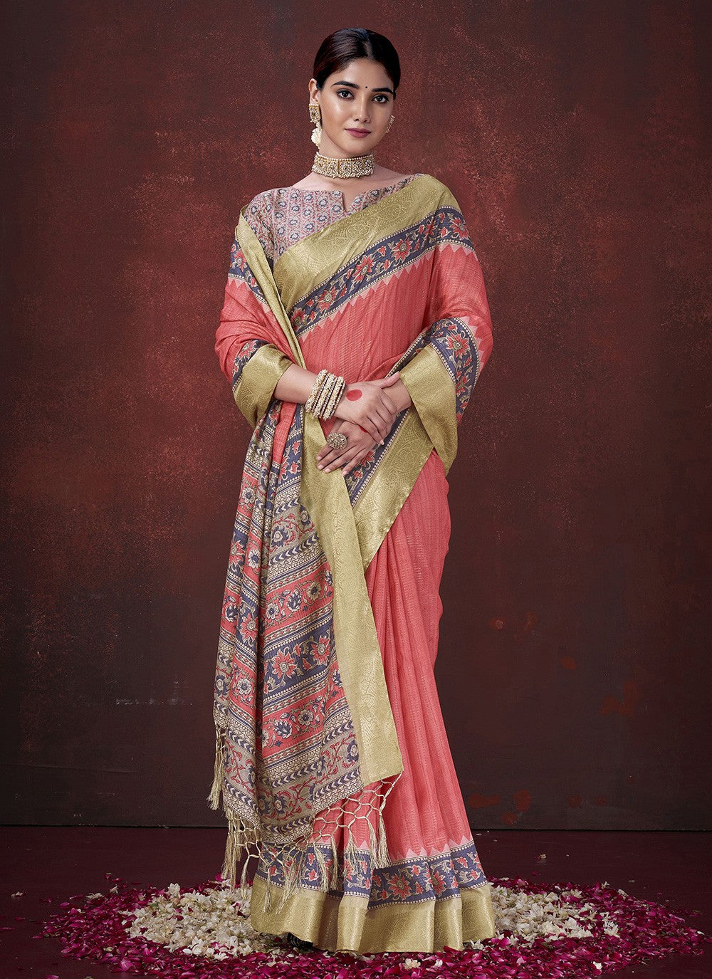 Red Silk Classic Saree Foliage Prints S19631