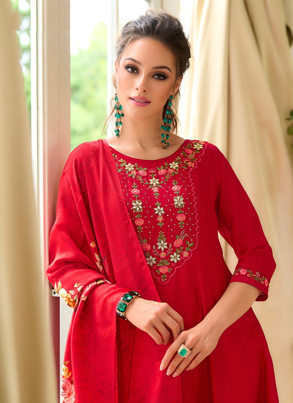 Anarkali Embroidered, Hand Embroidery Red T8164
