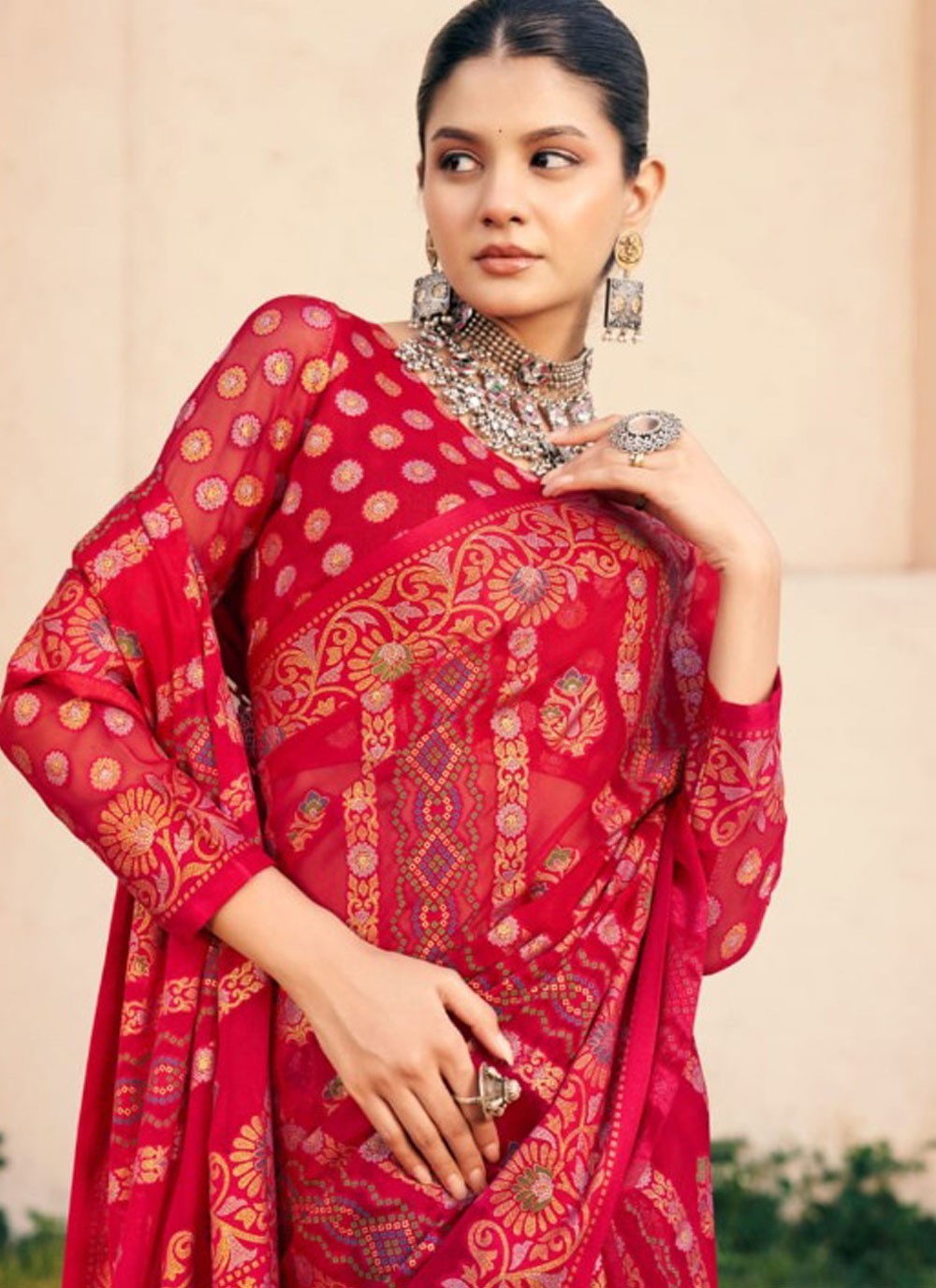 Contemporary Printed Red Georgette Saree S13665