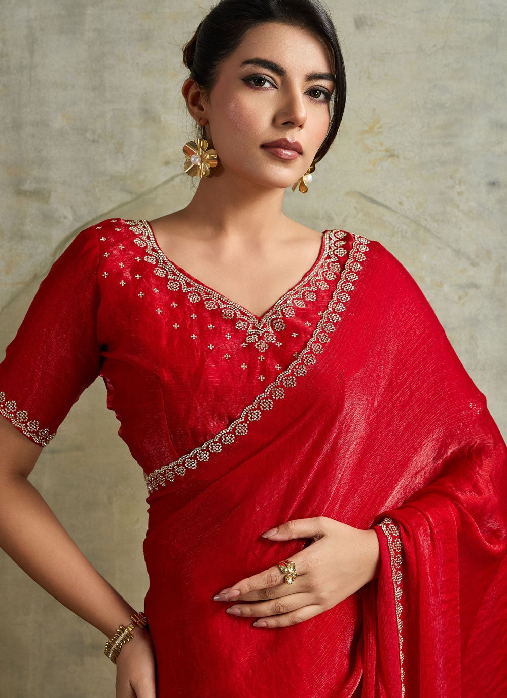 Red Chiffon Contemporary Saree Embroidered S19823